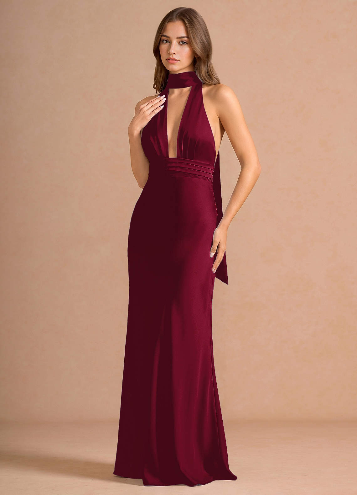 Linnea A-Line V-Neck Stretch Satin Evening Dress in Merlot