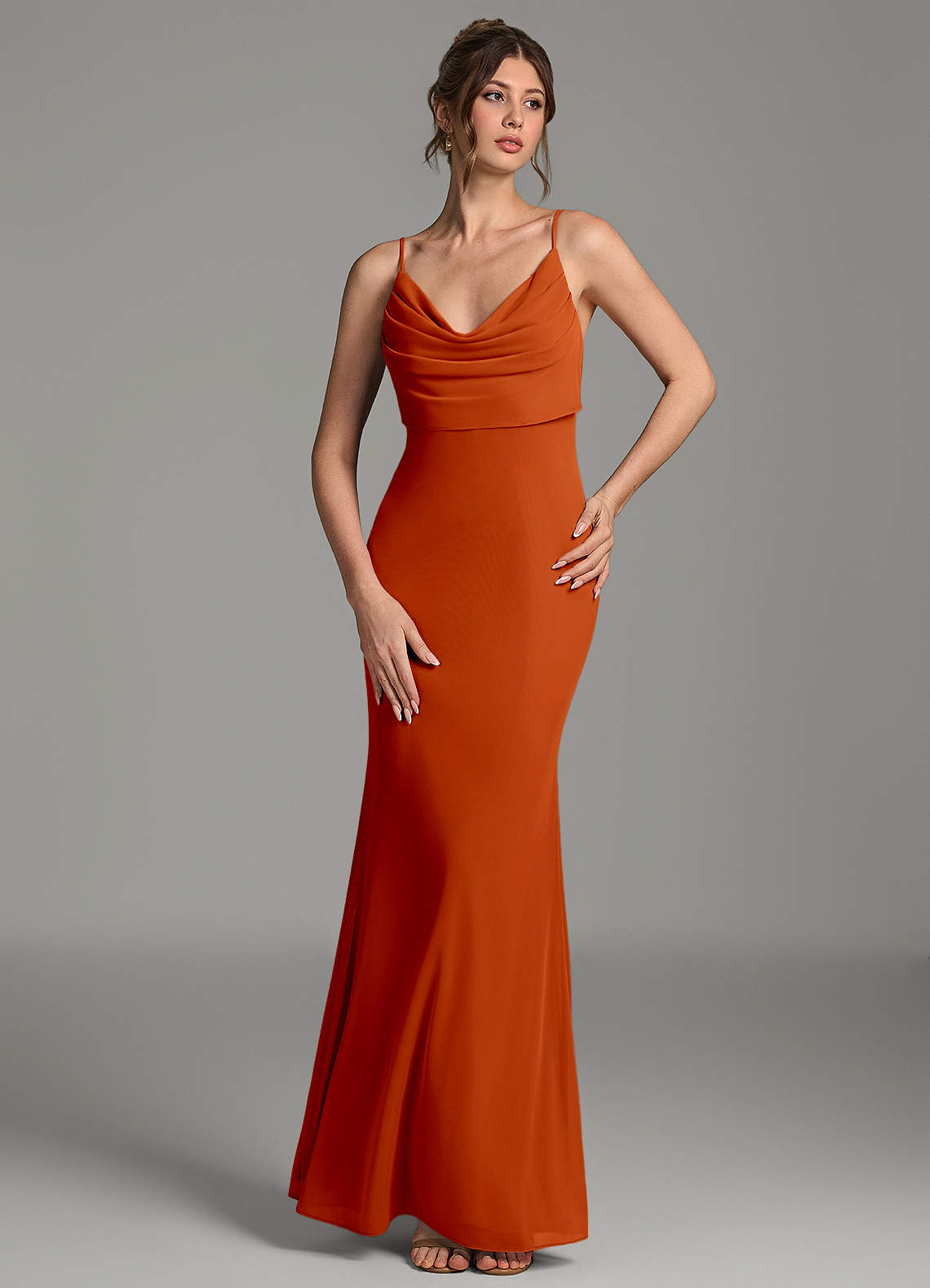 Zari Mermaid Cowl-Neck Mesh Bridesmaid Dress in Paprika