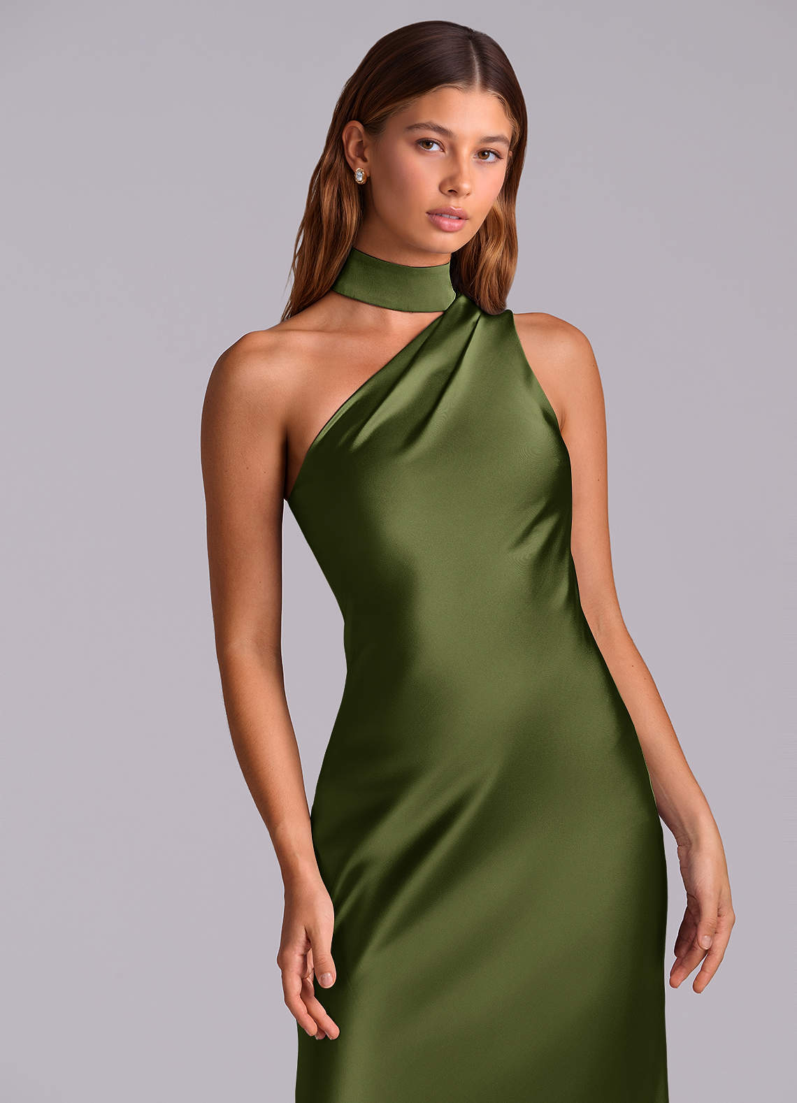 Seona Mermaid One-Shoulder Stretch Satin and Tulle Bridesmaid Dress in Olive