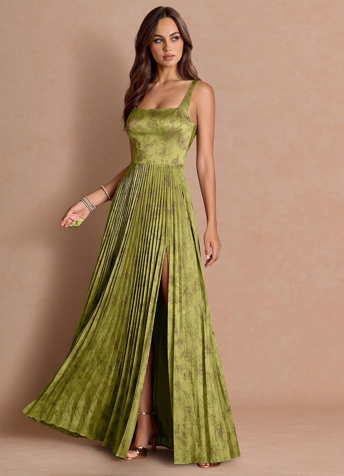 Tatiana A-Line Square-Neck Jacquard Wedding Guest Dress in Moss Brown