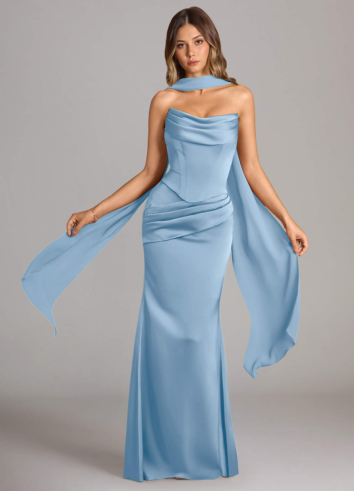 Sorrel Mermaid Cowl-Neck Stretch Satin and Chiffon Bridesmaid Dress in Powder Blue