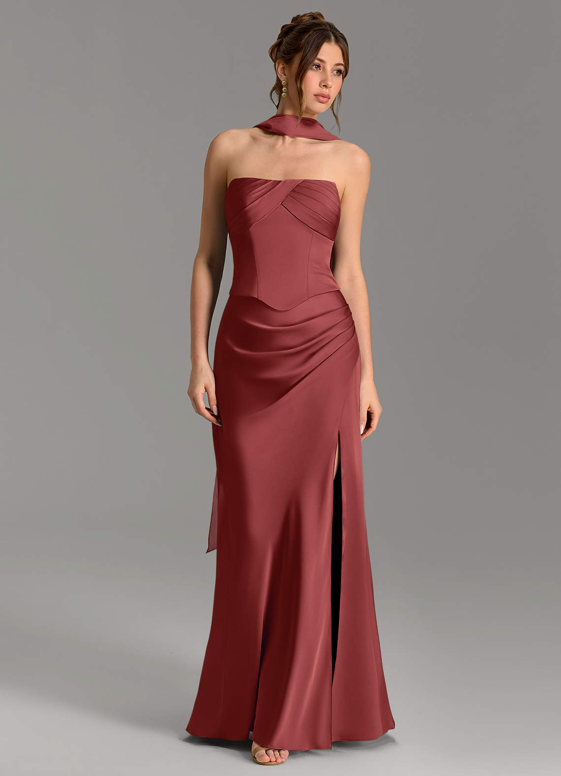 Nicki Sheath Scoop-Neck Stretch Satin Bridesmaid Dress in Terracotta
