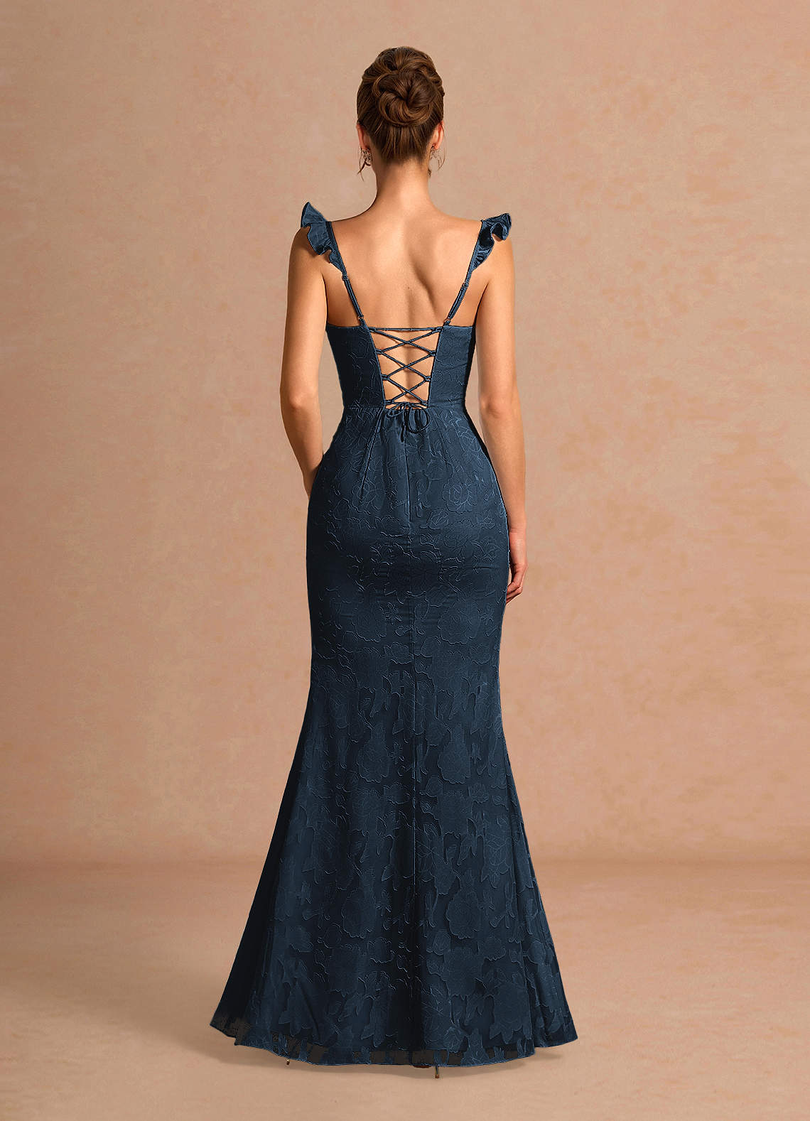 Romilly Mermaid Ruffled Chiffon Burnout Evening Dress in Navy