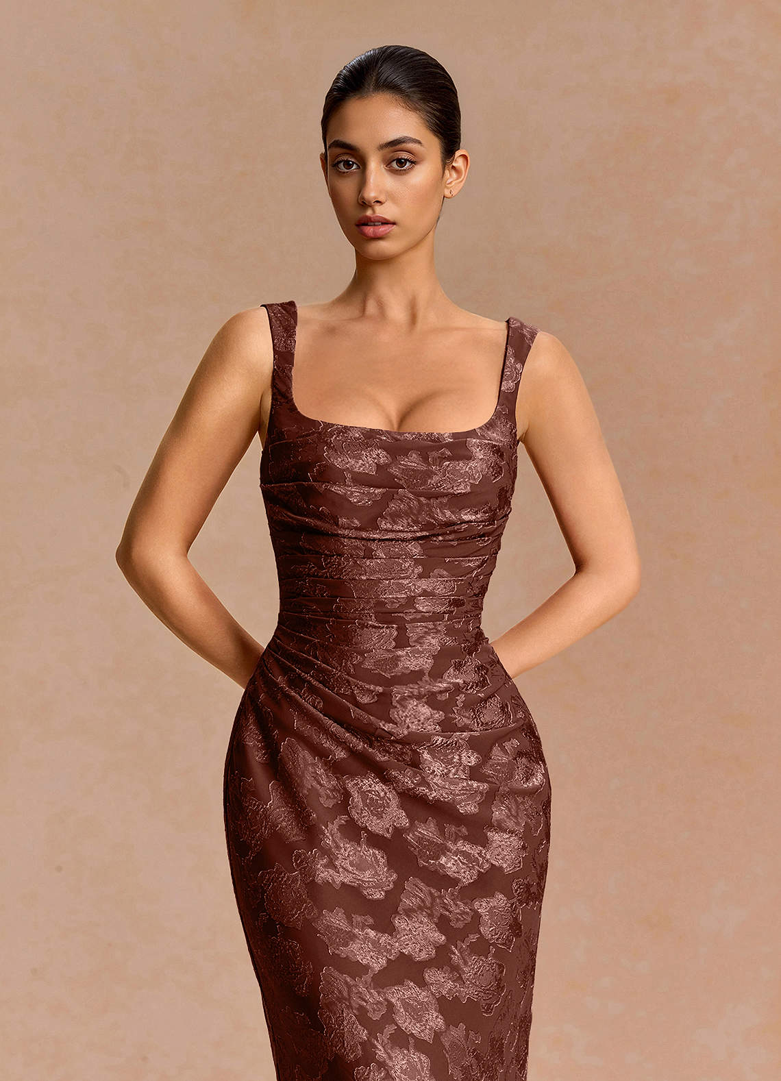 Agustina Square-Neck Pleated Fil Coupé Evening Dress in Mocha Coco