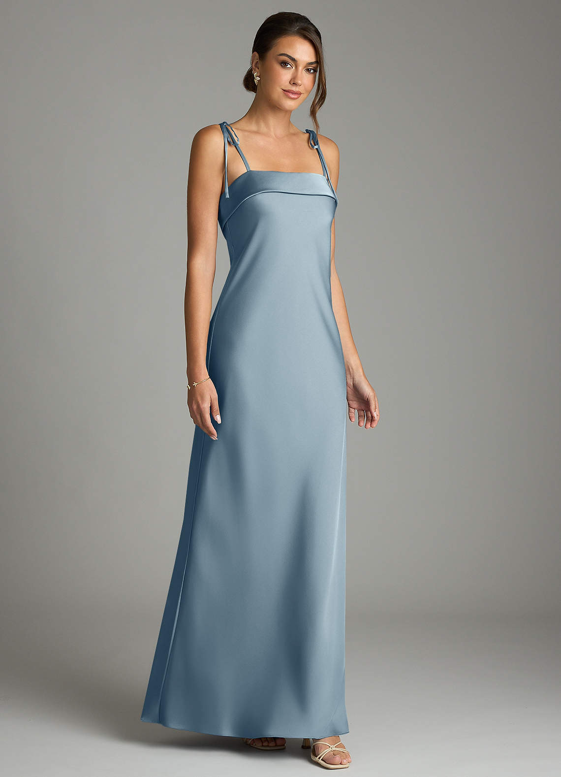 Ellia Sheath Straight-Neck Stretch Satin Bridesmaid Dress in dusty blue
