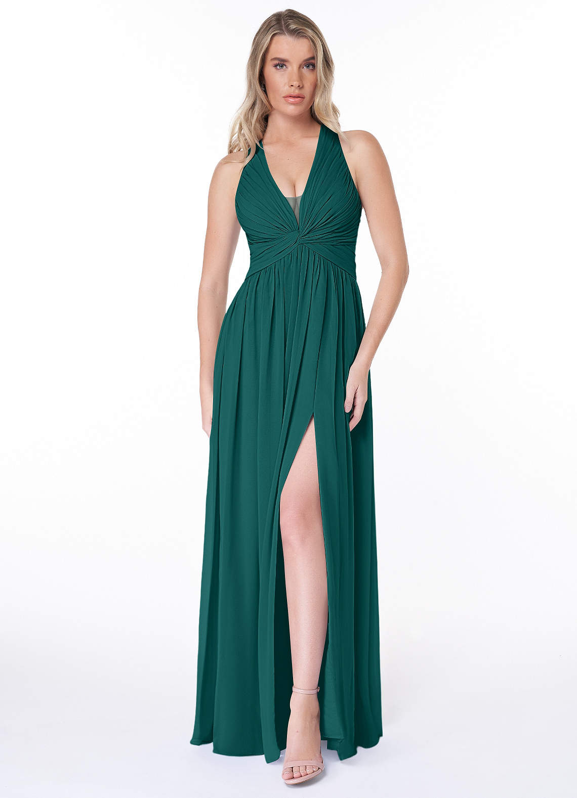 Jaclyn A-Line Halter Chiffon Bridesmaid Dress in Peacock