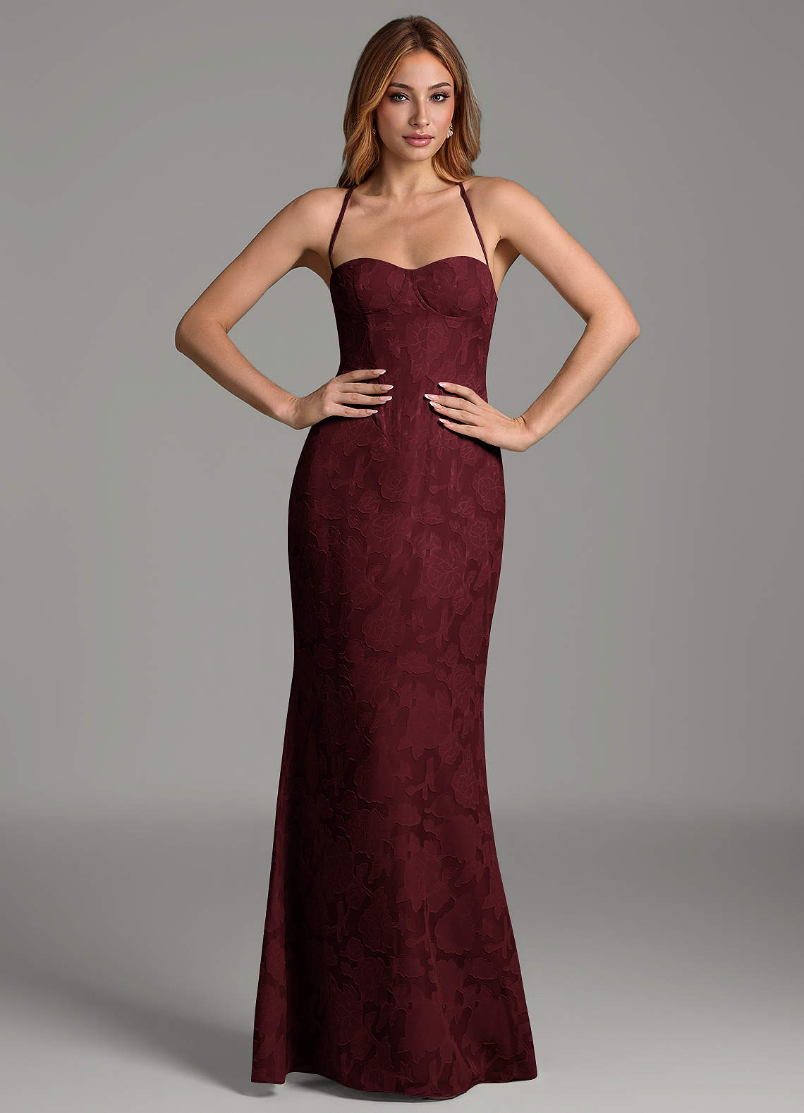 Dara Mermaid Sweetheart Floral Burnout Bridesmaid Dress in Cabernet
