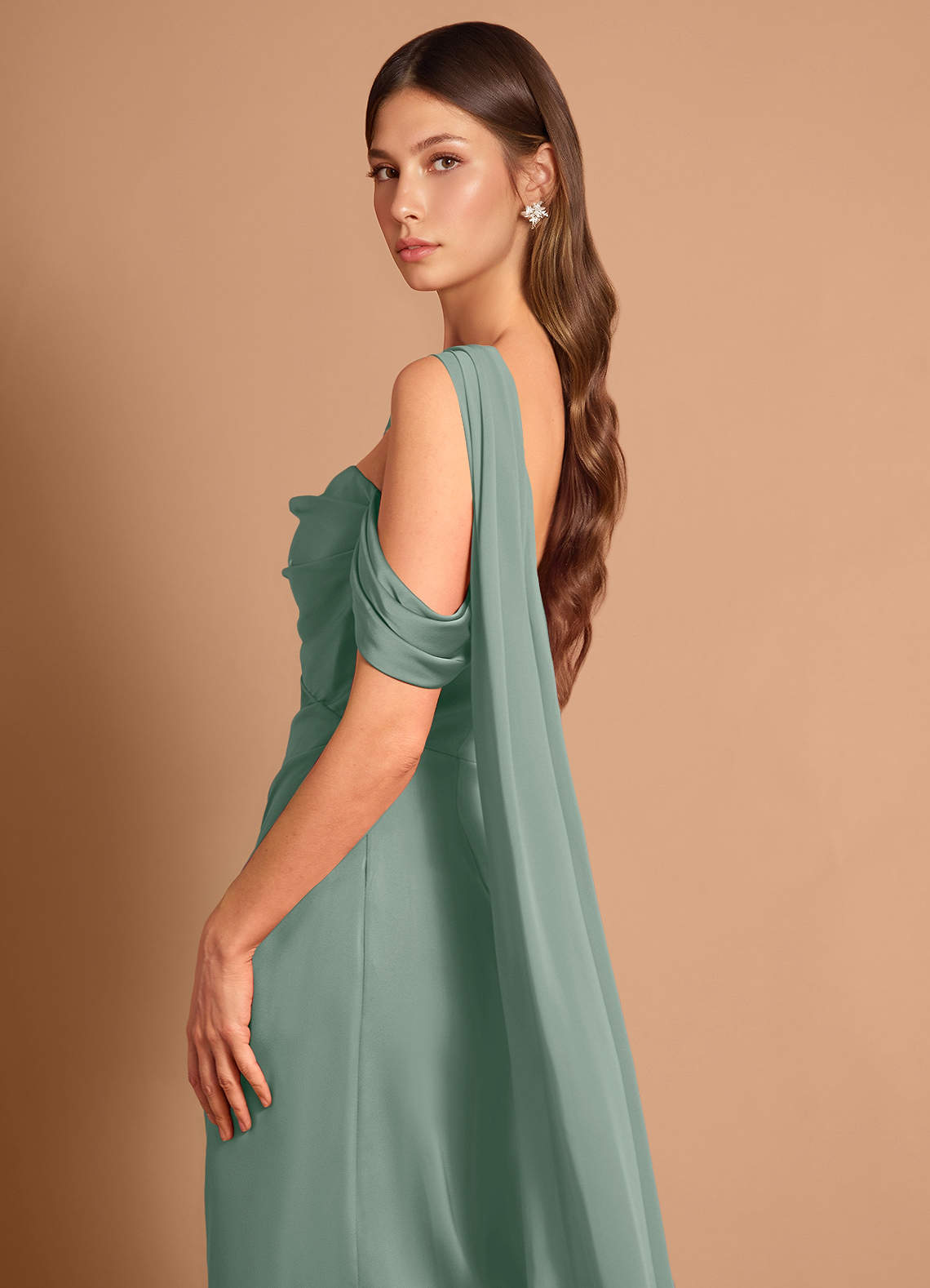 Meliora Asymmetric Strapless Chiffon-Drape Stretch Satin Evening Dress in Vintage Sage