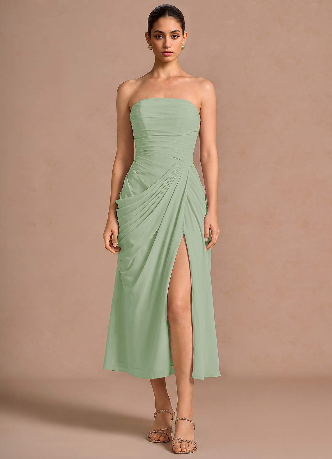 Kaavia Column Pleated Chiffon Midi Evening Dress in Light Green