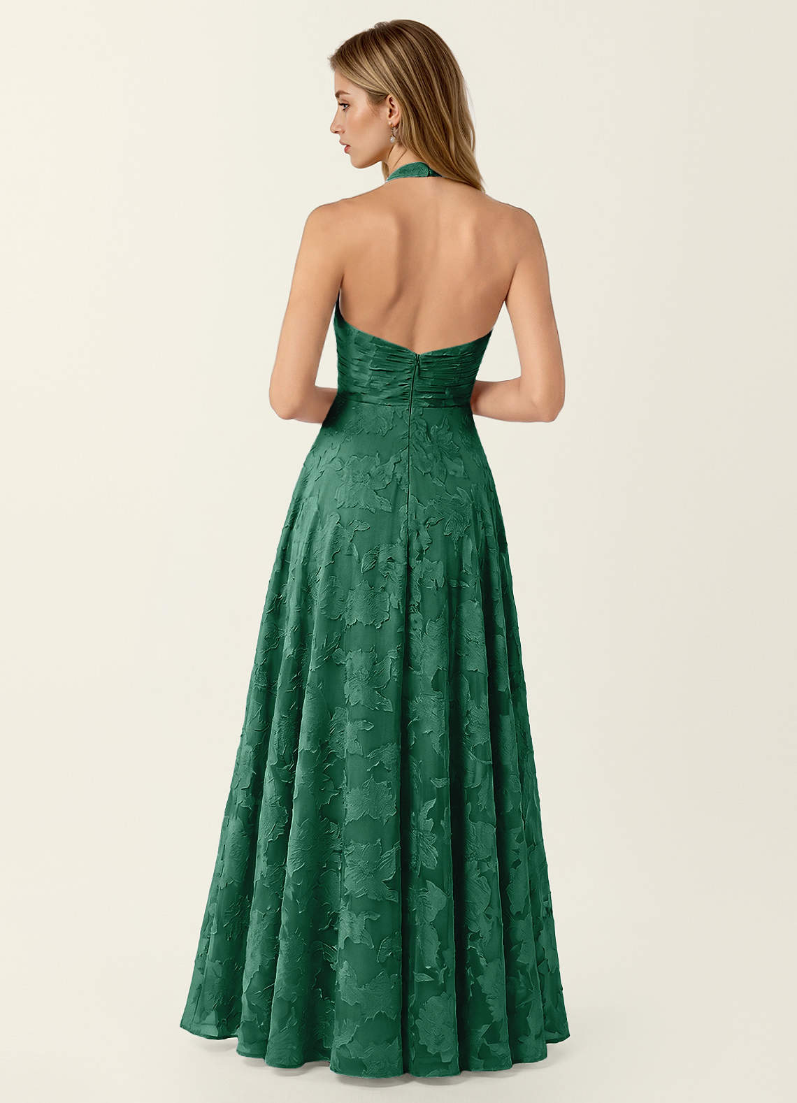 Celeste A-Line Halter Floral Burnout Prom Dress in Dark Green