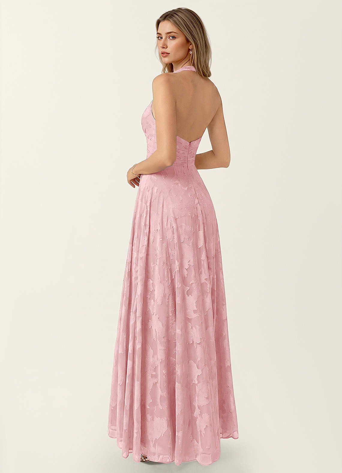 Celeste A-Line Halter Floral Burnout Prom Dress in Coral Pink