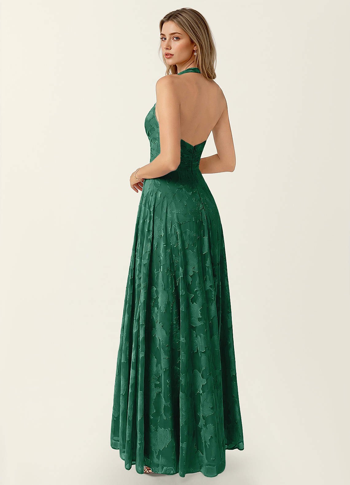 Celeste A-Line Halter Floral Burnout Prom Dress in Dark Green