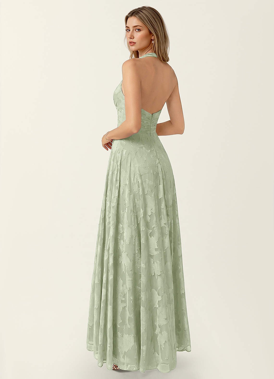 Celeste A-Line Halter Floral Burnout Prom Dress in Light Green
