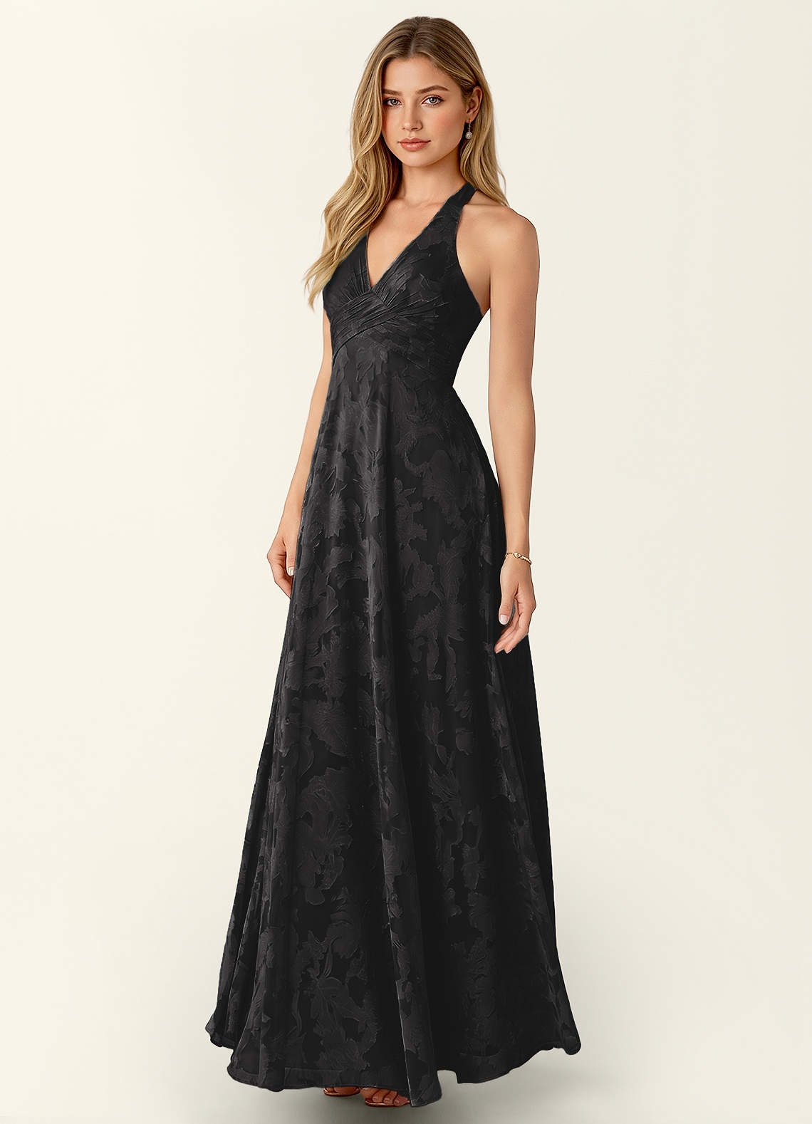 Celeste A-Line Halter Floral Burnout Prom Dress in Dark Green