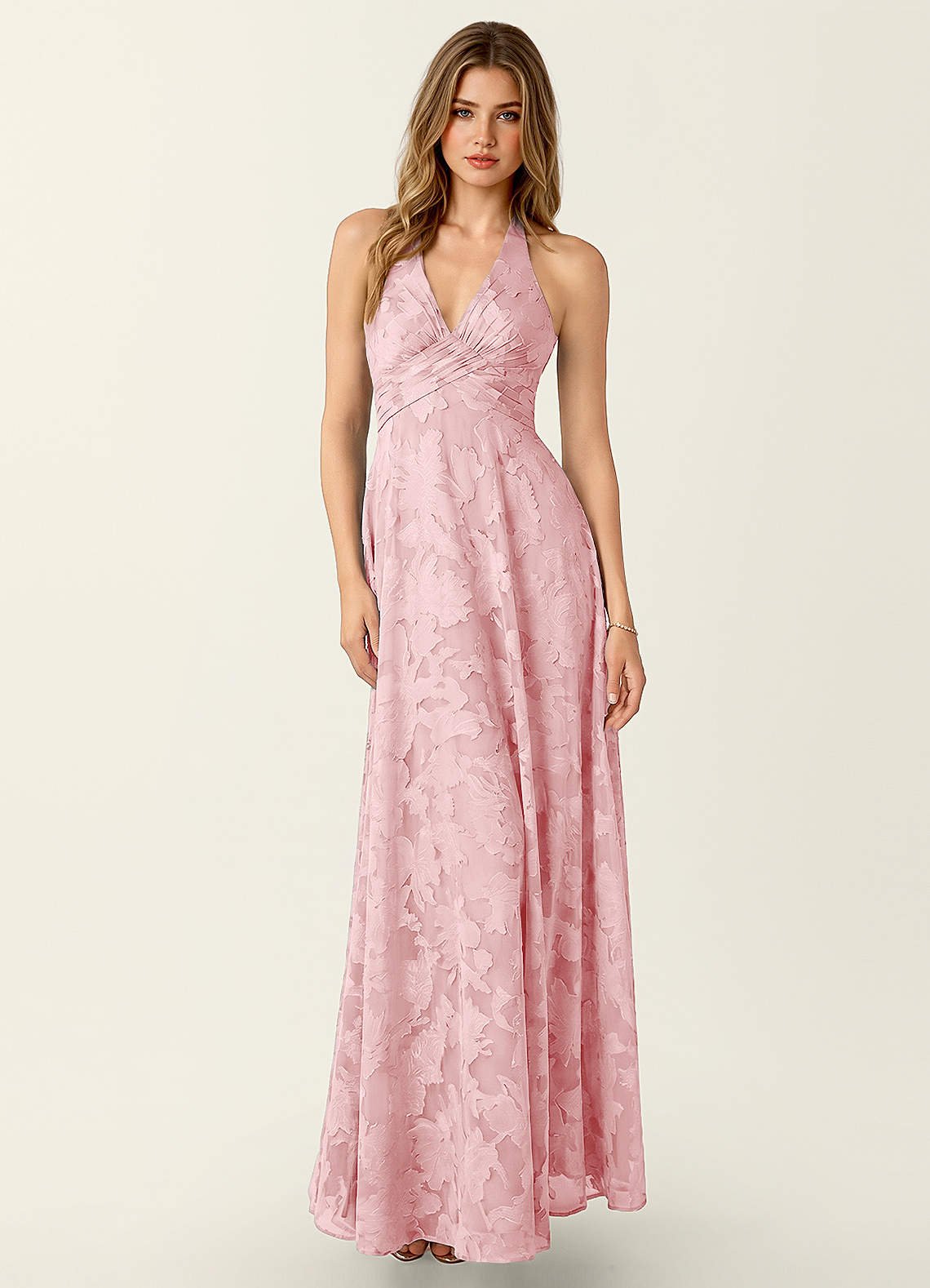 Celeste A-Line Halter Floral Burnout Prom Dress in Coral Pink
