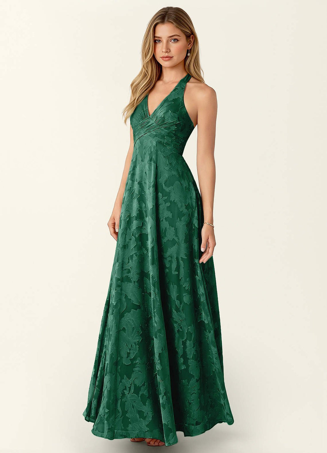 Celeste A-Line Halter Floral Burnout Prom Dress in Dark Green