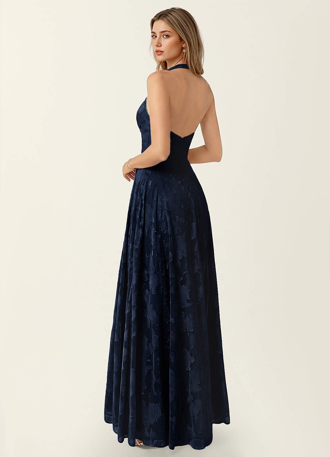 Celeste A-Line Halter Floral Burnout Prom Dress in Navy