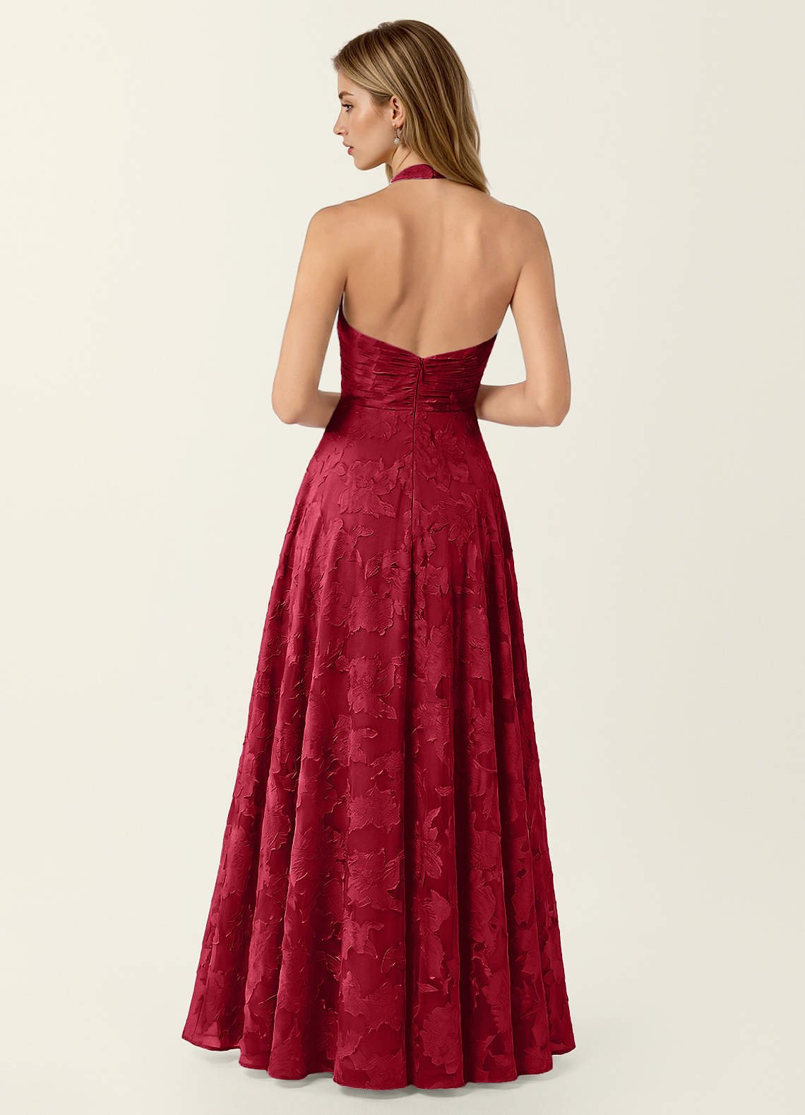Celeste A-Line Halter Floral Burnout Prom Dress in Ruby Red