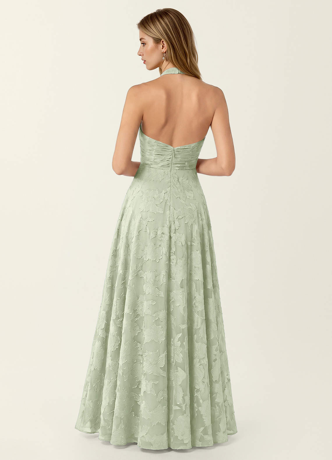Celeste A-Line Halter Floral Burnout Prom Dress in Light Green