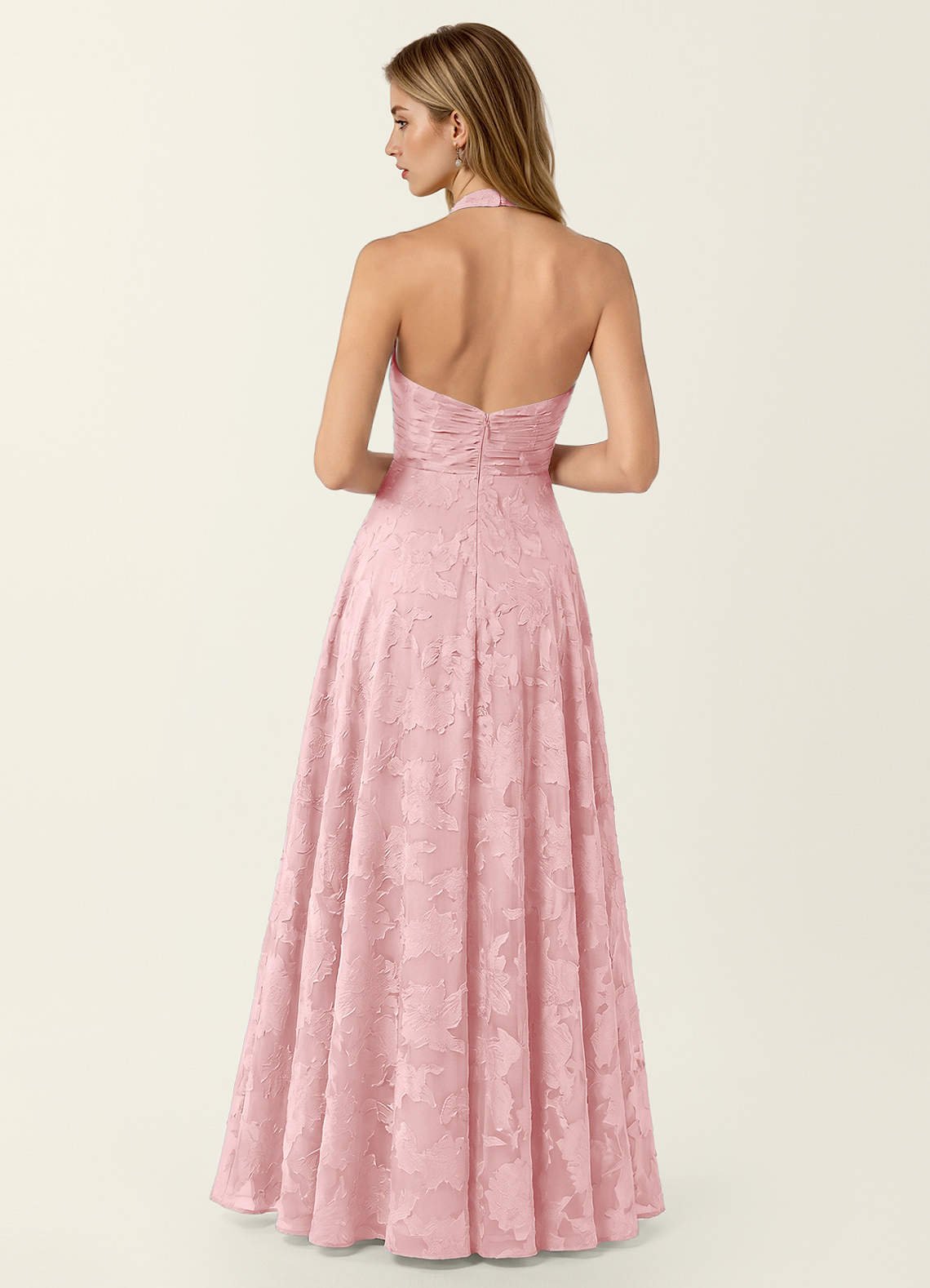 Celeste A-Line Halter Floral Burnout Prom Dress in Coral Pink