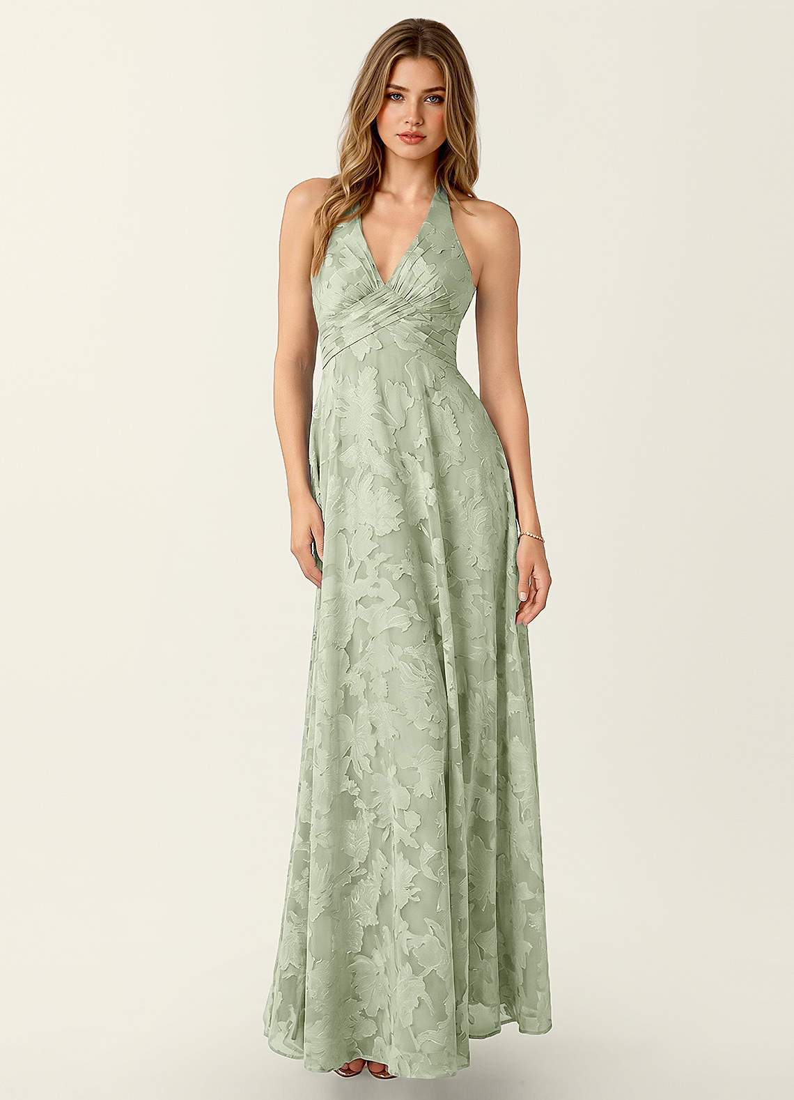 Celeste A-Line Halter Floral Burnout Prom Dress in Light Green