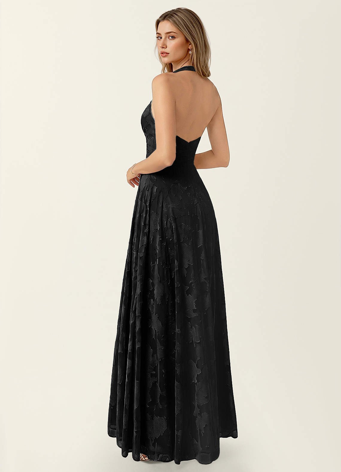 Celeste A-Line Halter Floral Burnout Prom Dress in Black