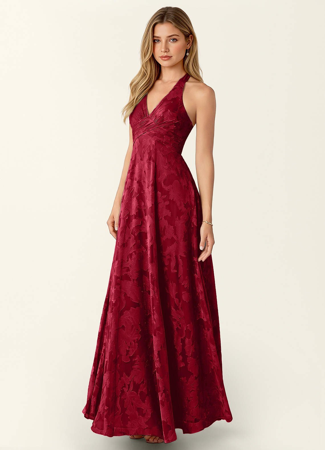 Celeste A-Line Halter Floral Burnout Prom Dress in Dark Green