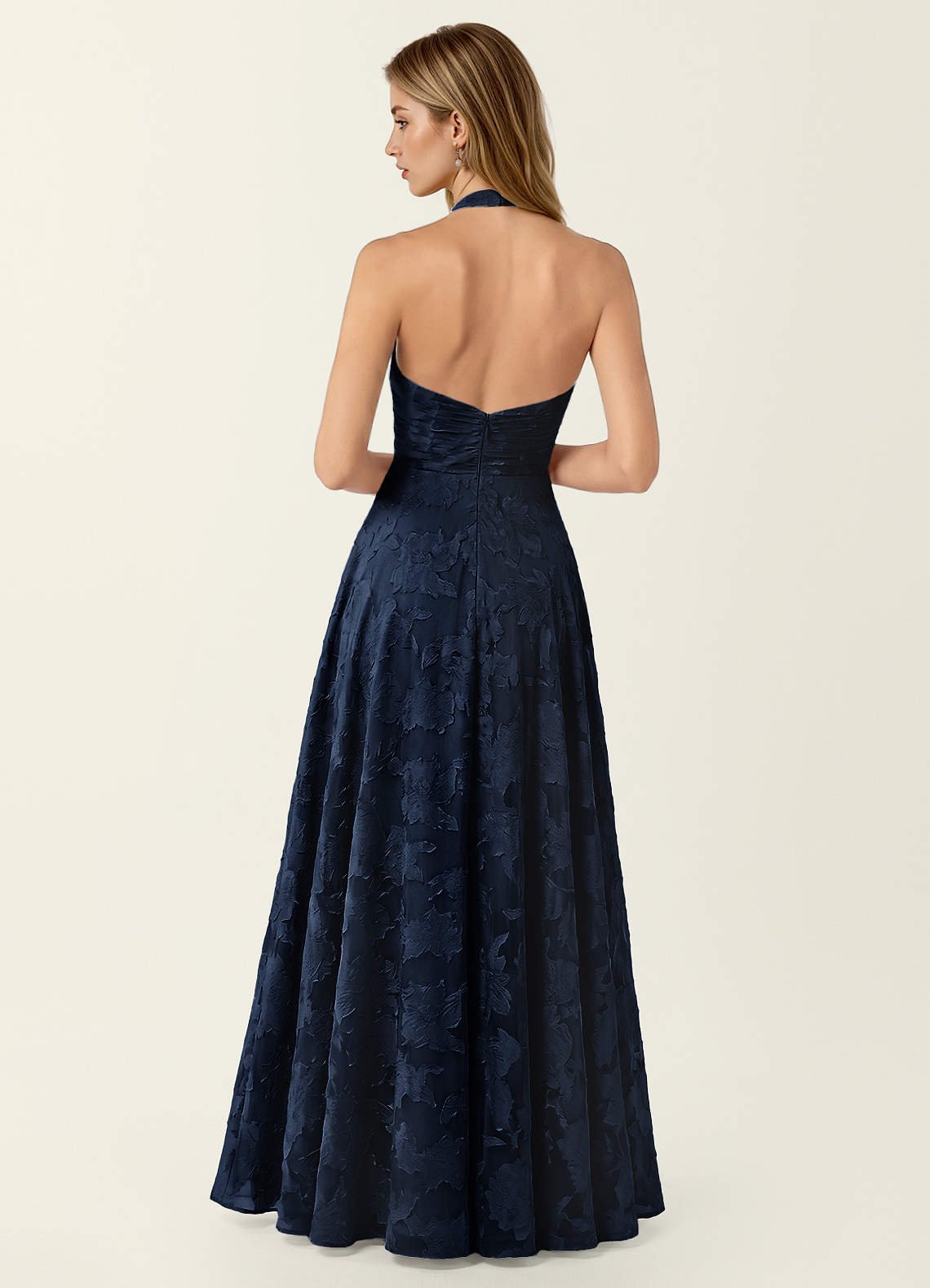Celeste A-Line Halter Floral Burnout Prom Dress in Navy