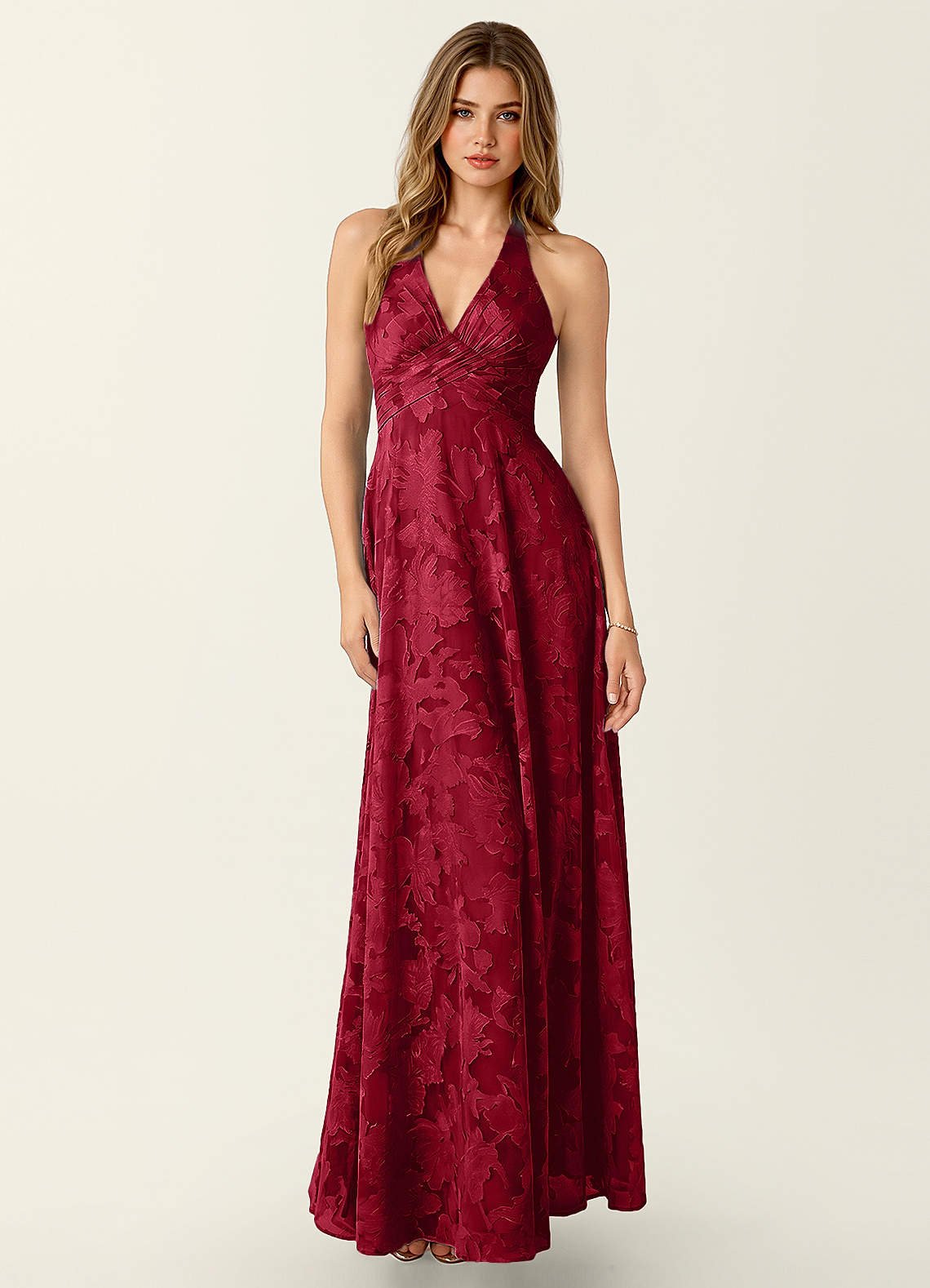Celeste A-Line Halter Floral Burnout Prom Dress in Ruby Red