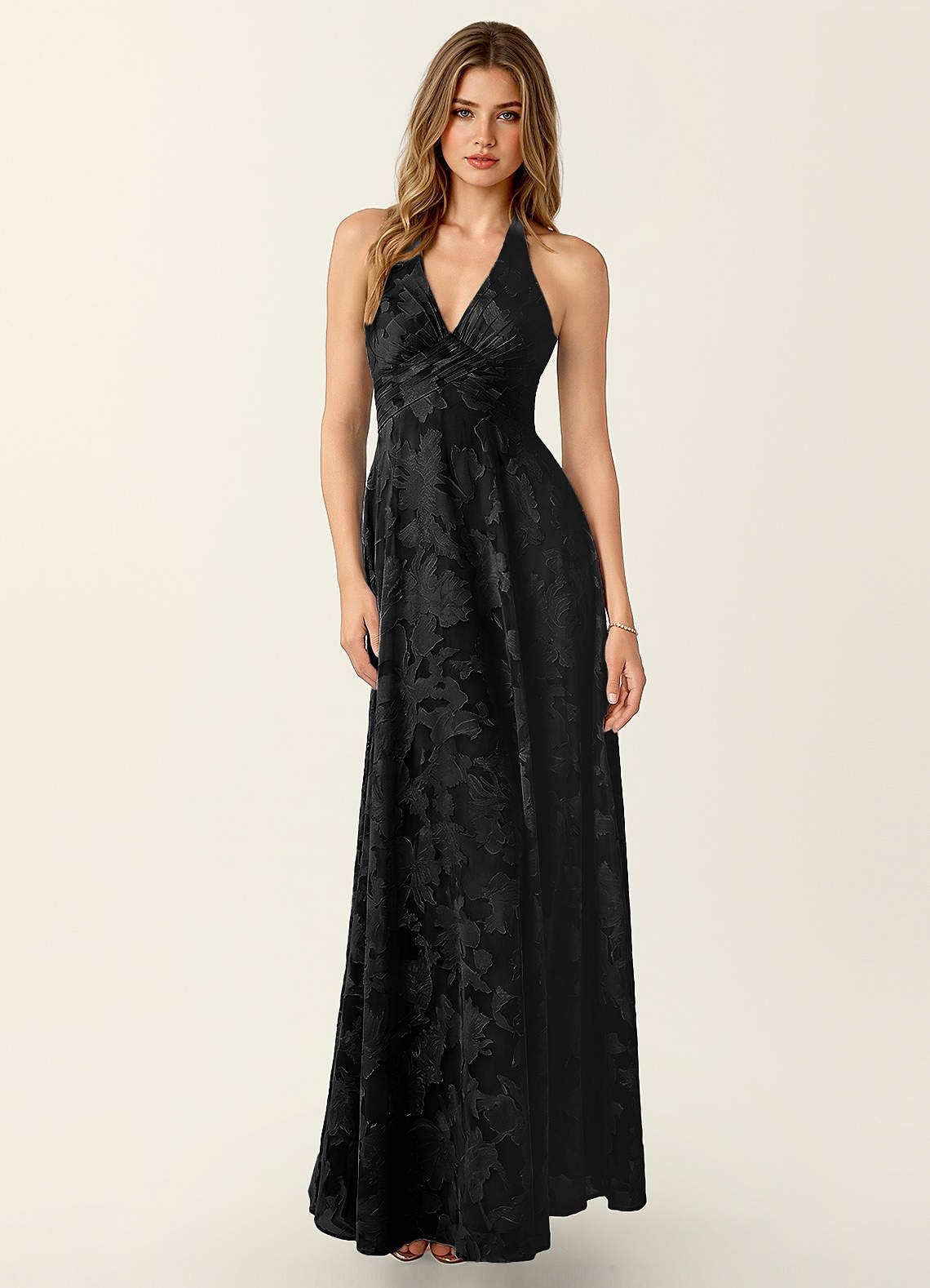 Celeste A-Line Halter Floral Burnout Prom Dress in Black