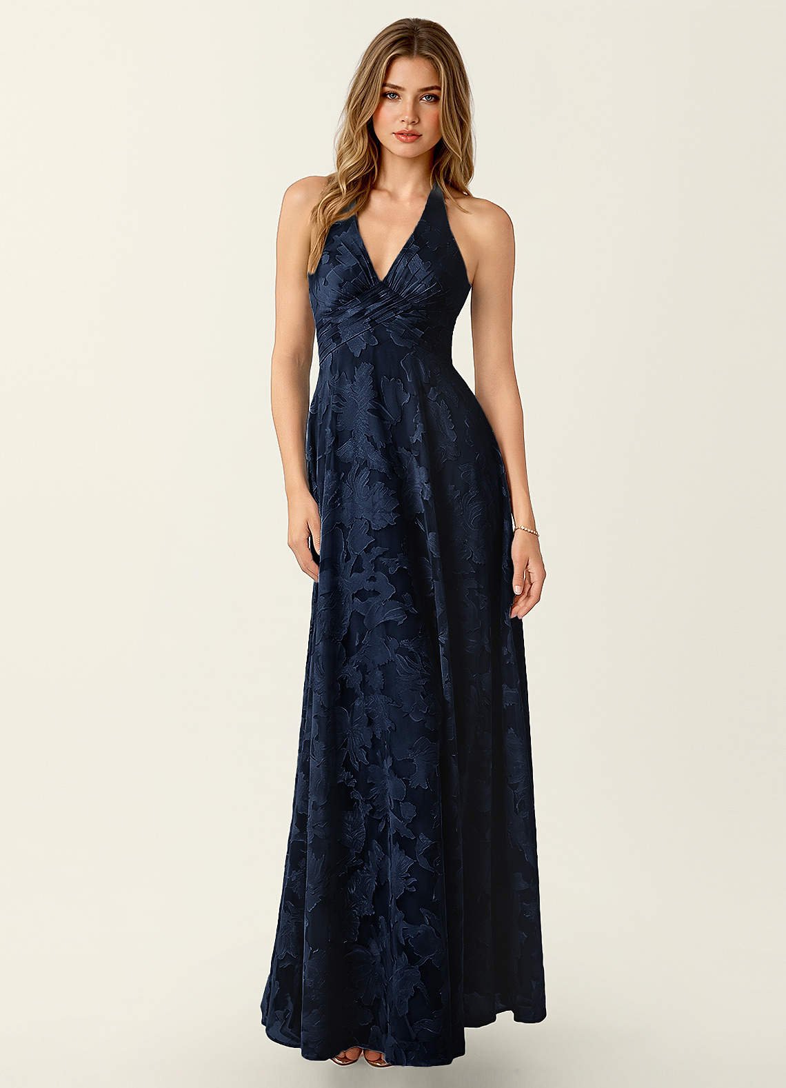 Celeste A-Line Halter Floral Burnout Prom Dress in Navy