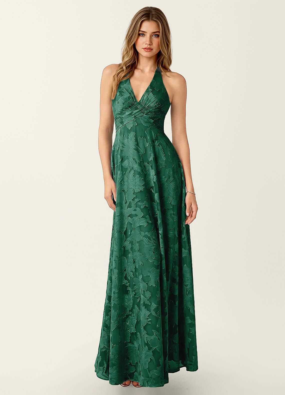 Celeste A-Line Halter Floral Burnout Prom Dress in Dark Green