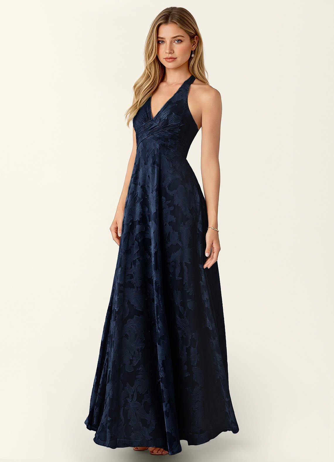 Celeste A-Line Halter Floral Burnout Prom Dress in Dark Green