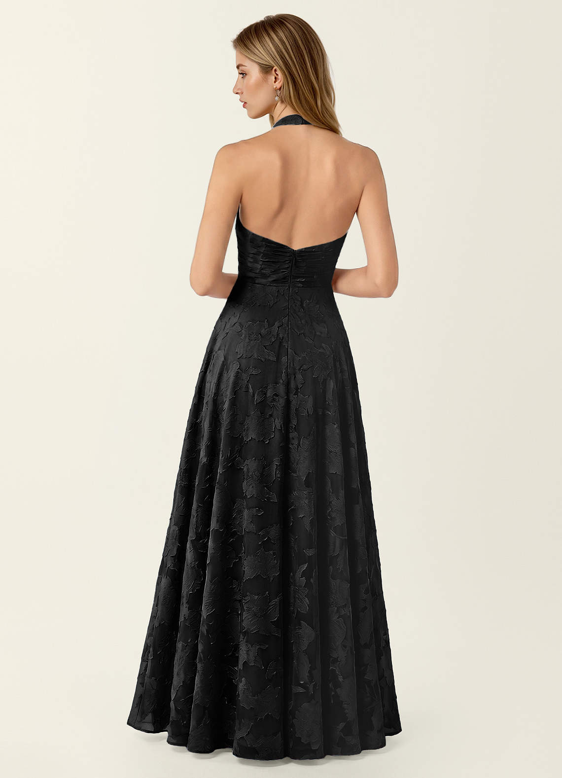 Celeste A-Line Halter Floral Burnout Prom Dress in Black