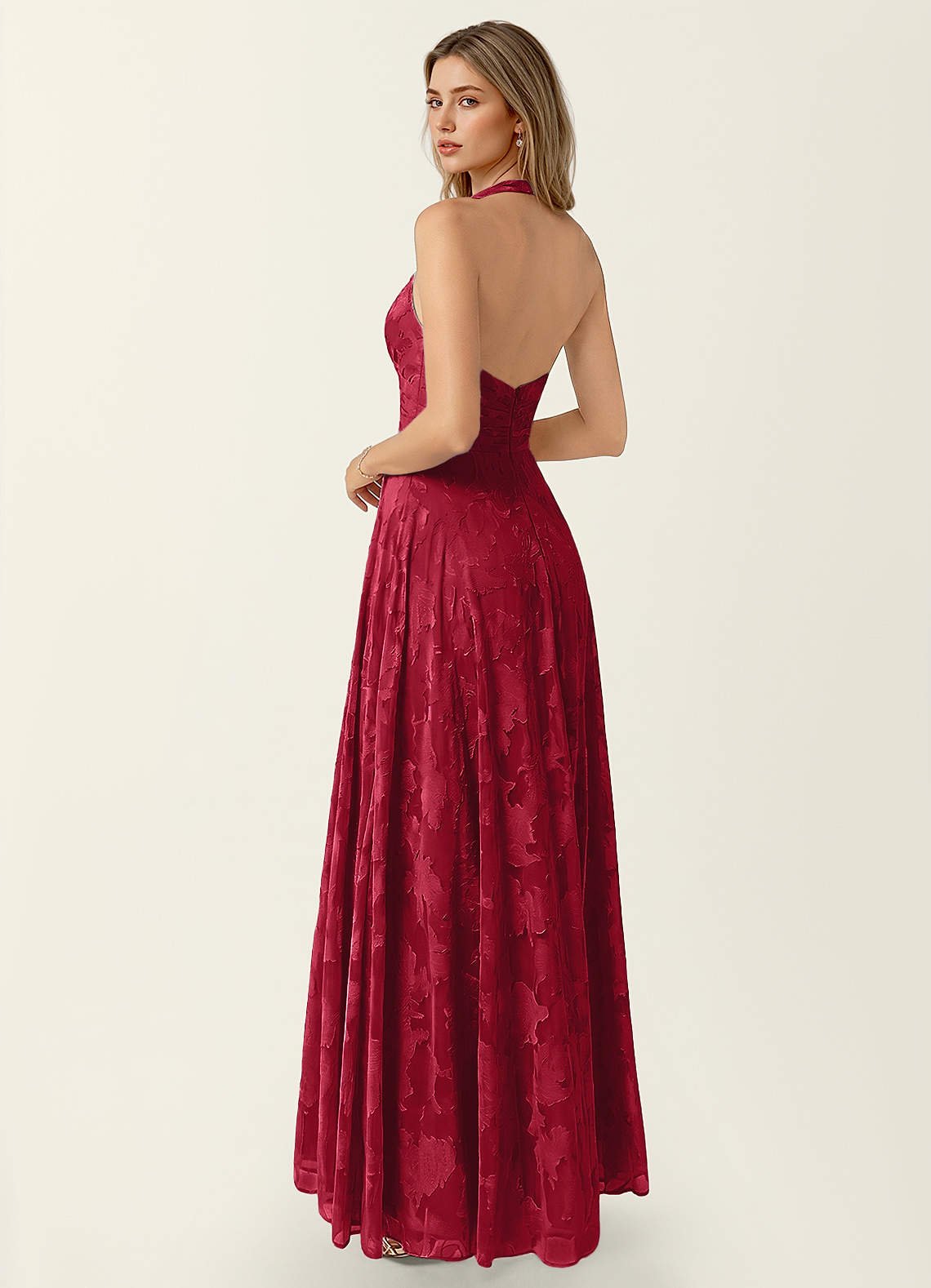 Celeste A-Line Halter Floral Burnout Prom Dress in Ruby Red