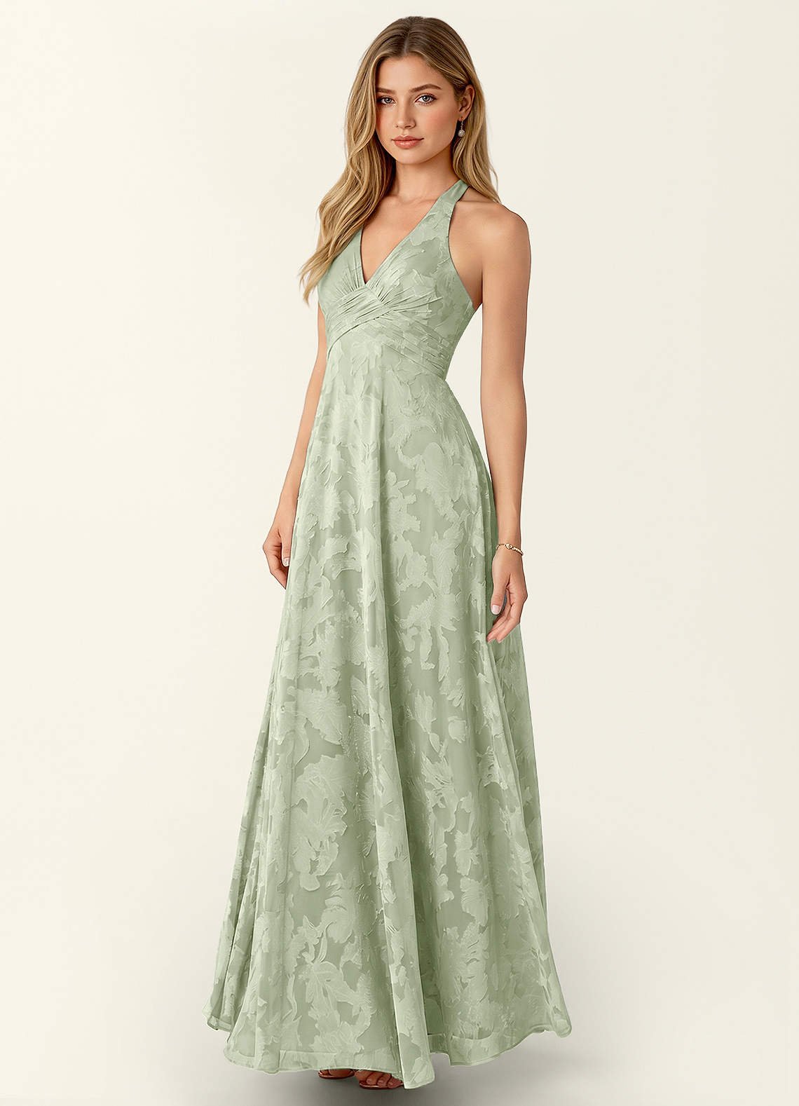 Celeste A-Line Halter Floral Burnout Prom Dress in Dark Green