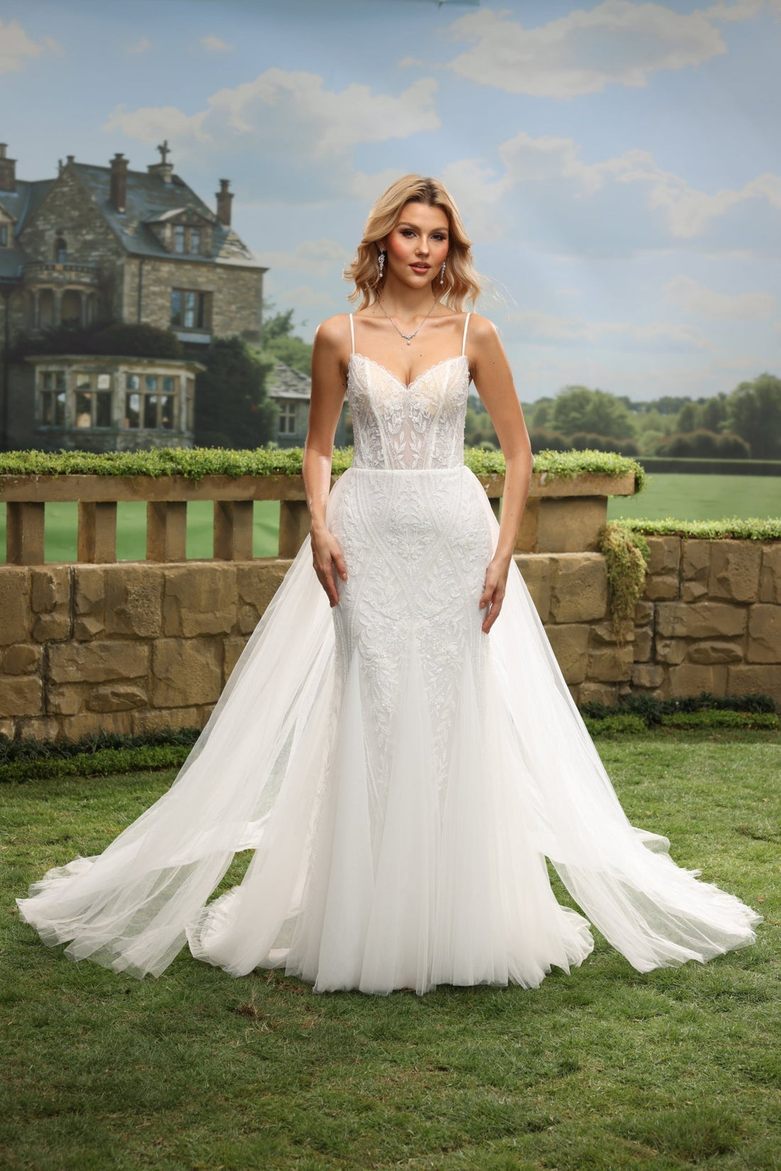 Celestria white lace tulle wedding dress front view 1