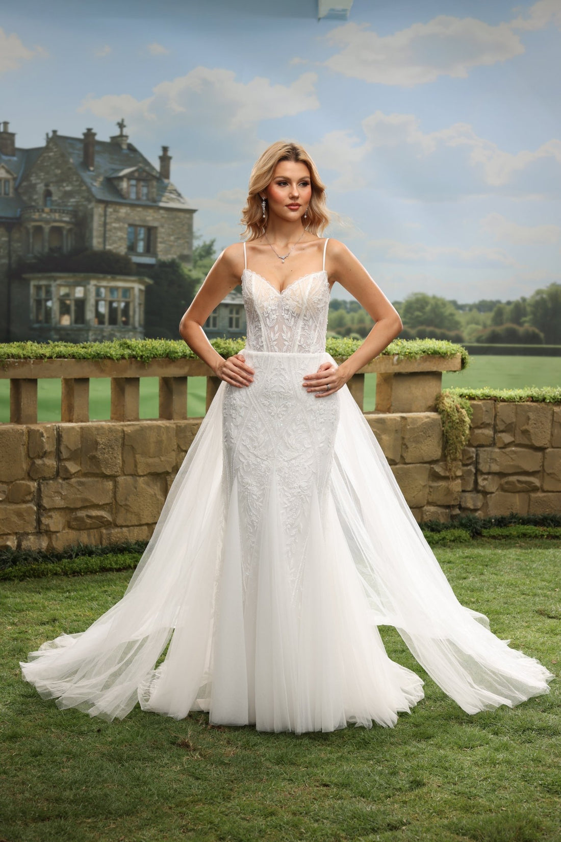 Celestria white lace tulle wedding dress front view 1