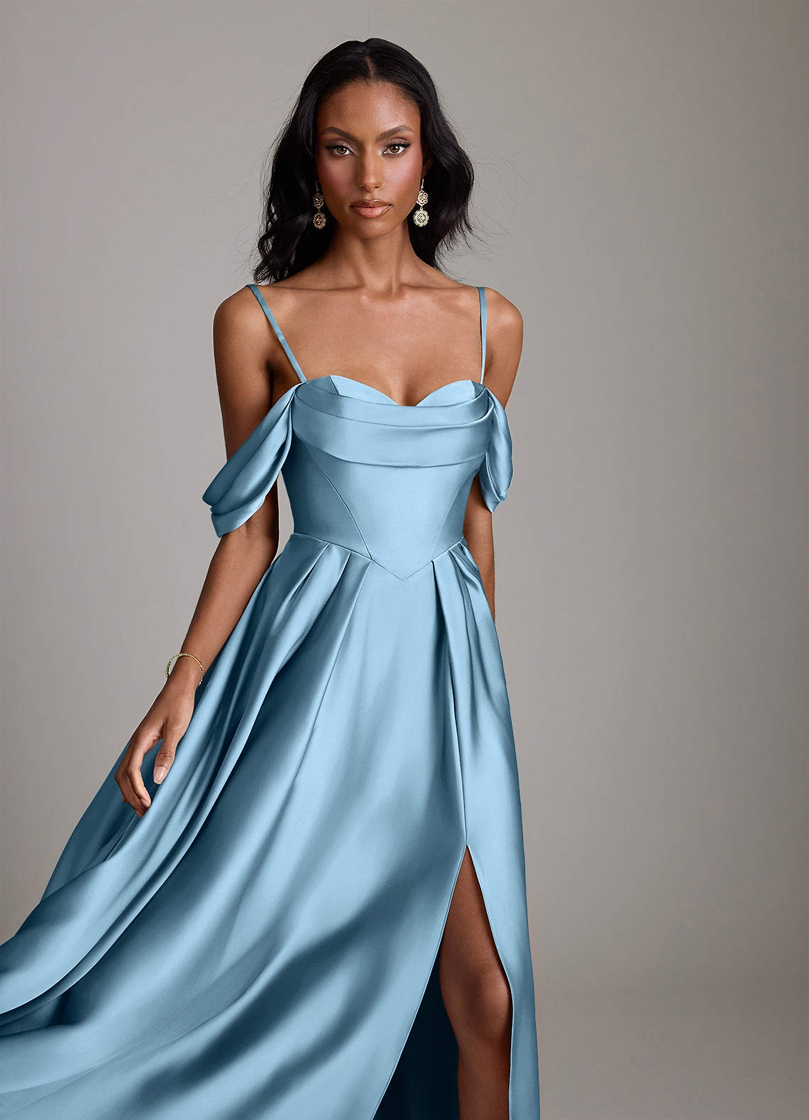 Loisa A-Line Off-the-Shoulder Stretch Satin Bridesmaid Dress in Steel Blue