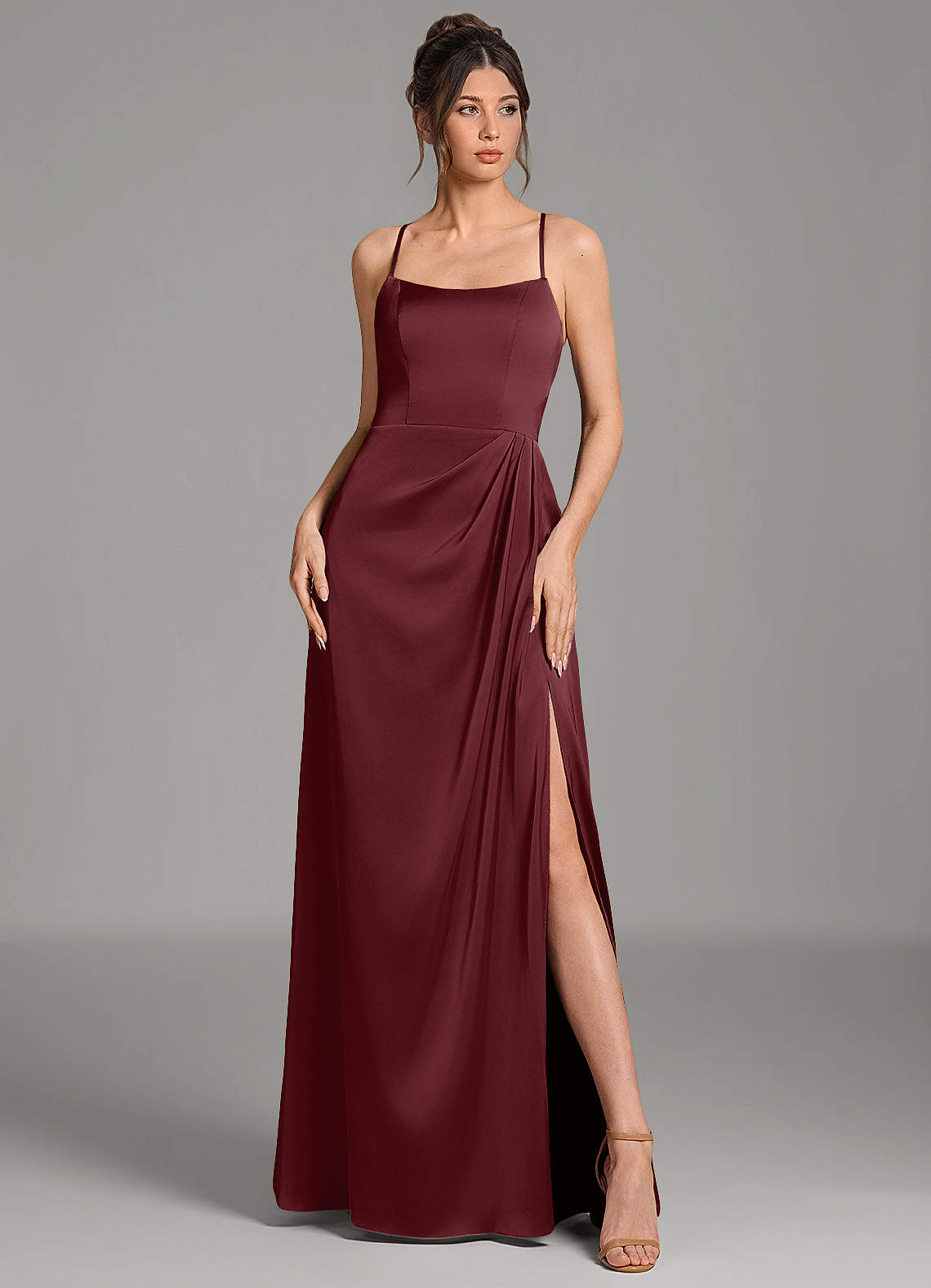 Frankie A-Line Scoop-Neck Stretch Satin Bridesmaid Dress in Cabernet