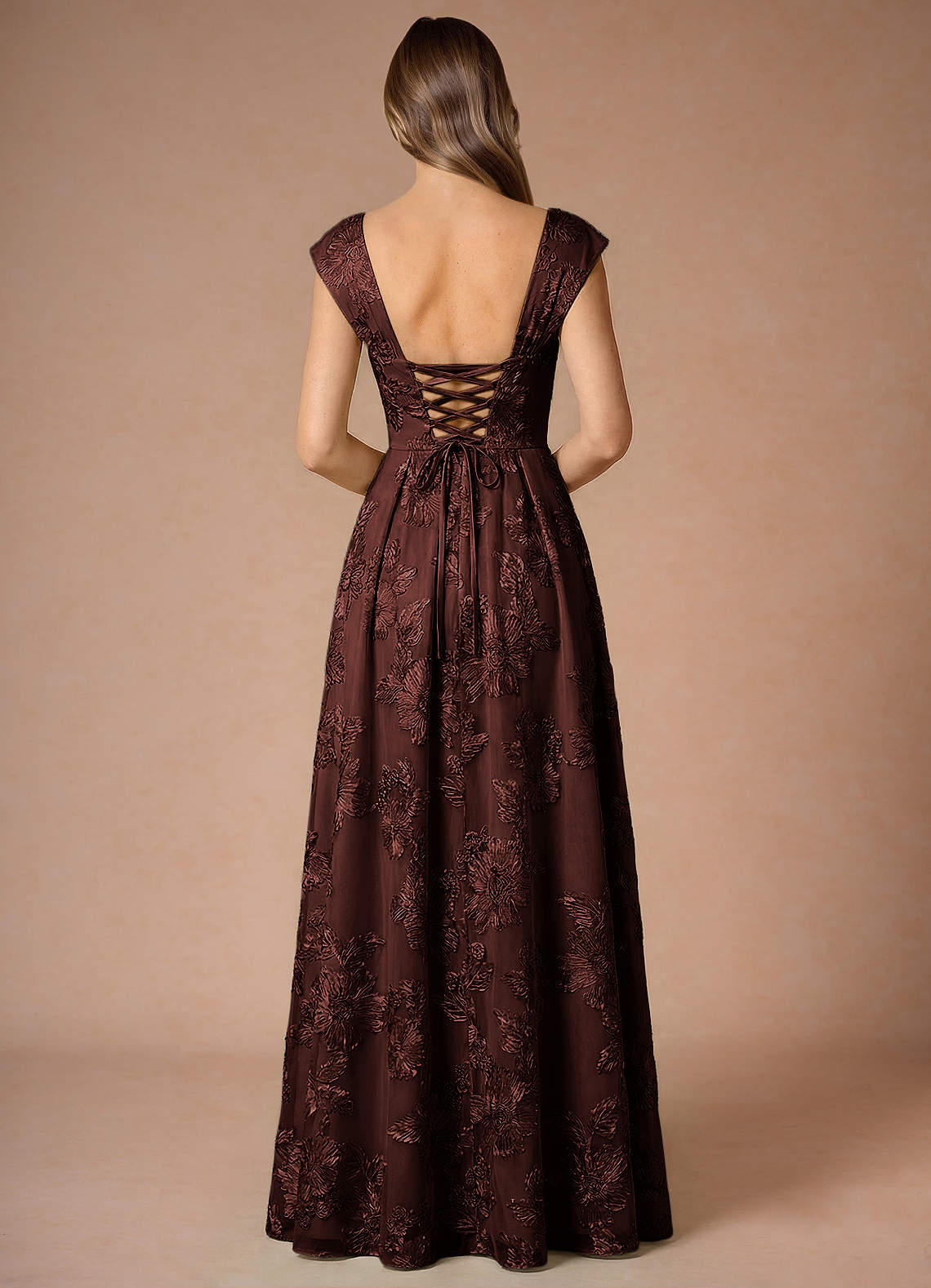 Hazel A-Line Cowl-Neck Floral Mesh Wedding Guest Dress in Coco