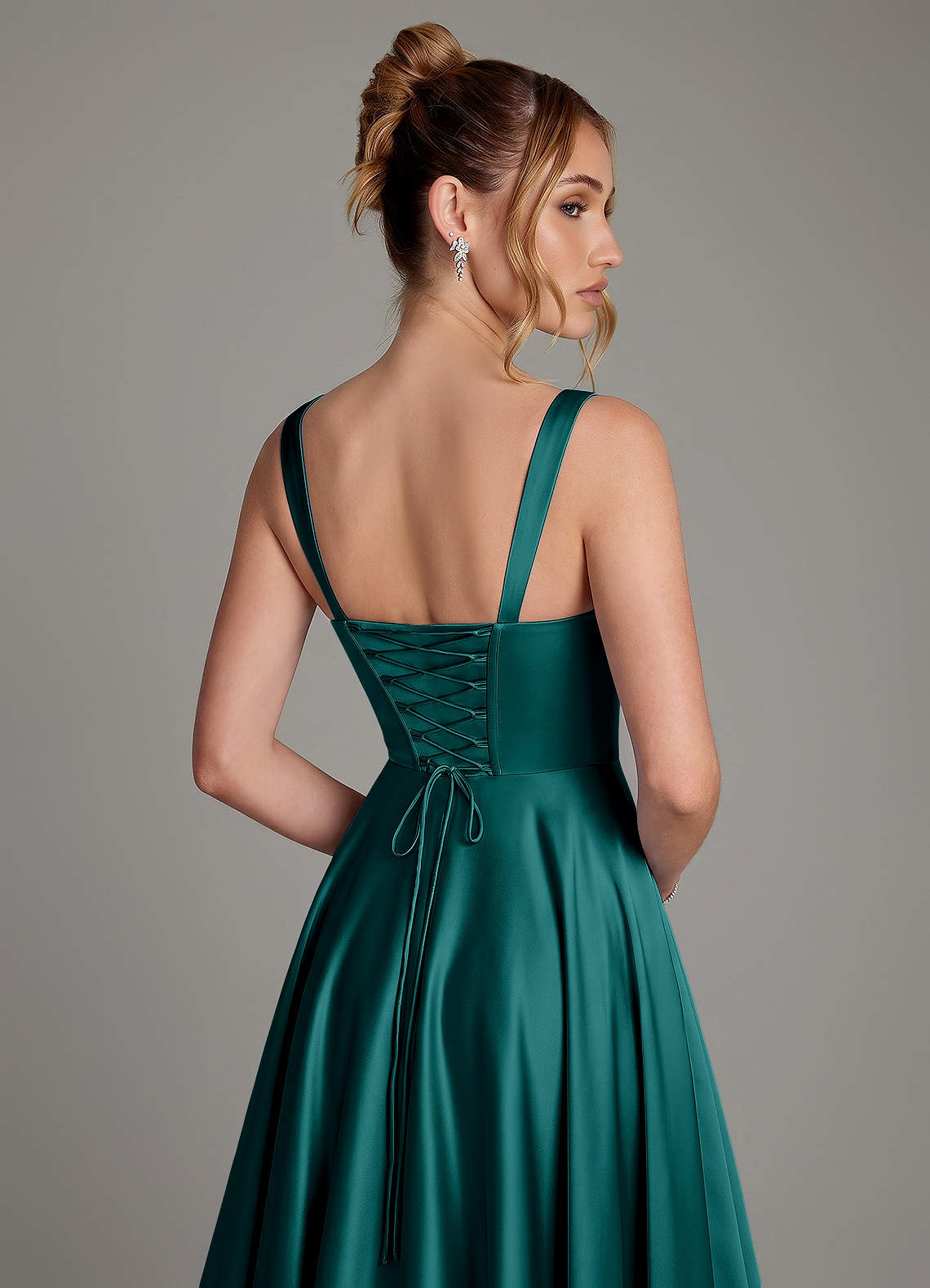 Azaria A-Line Square-Neck Stretch Satin Bridesmaid Dress in Peacock