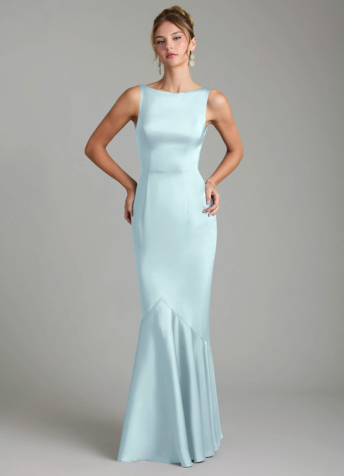Tamera Mermaid Boat-Neck Stretch Satin and Chiffon Bridesmaid Dress in Sea Glass