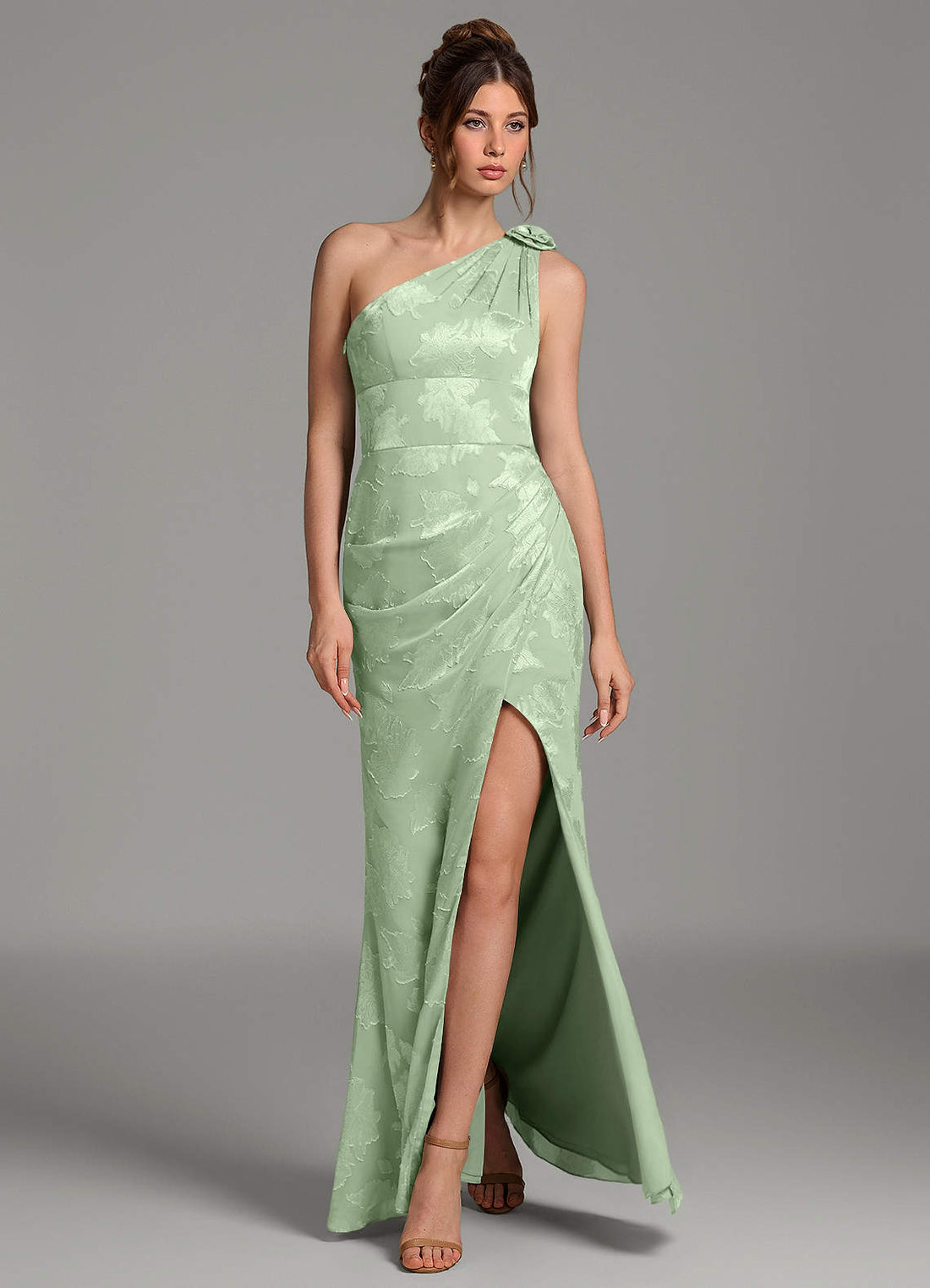Yanie Mermaid One-Shoulder Jacquard Bridesmaid Dress in Dusty Sage