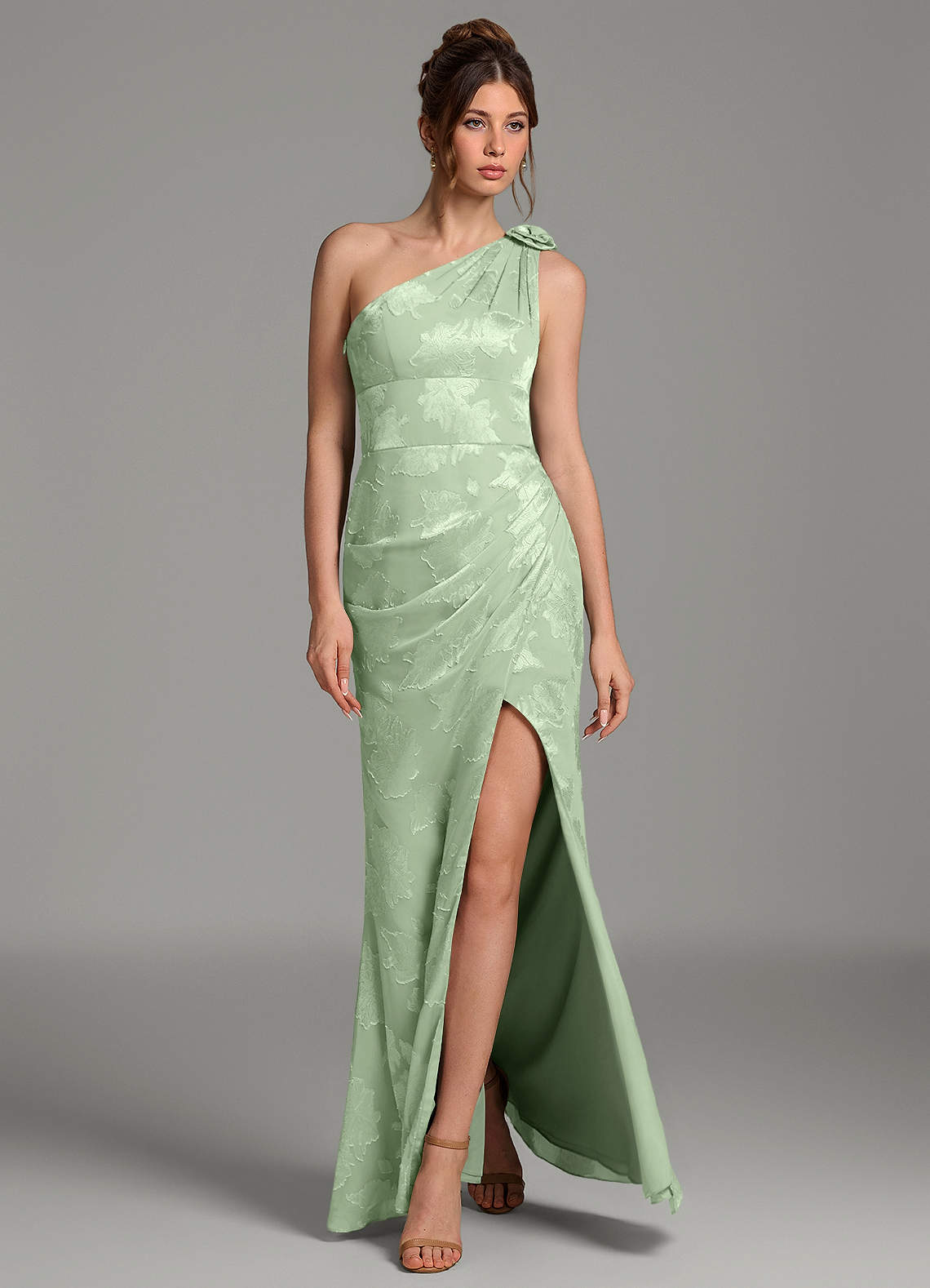 Yanie Mermaid One-Shoulder Jacquard Bridesmaid Dress in Dusty Sage