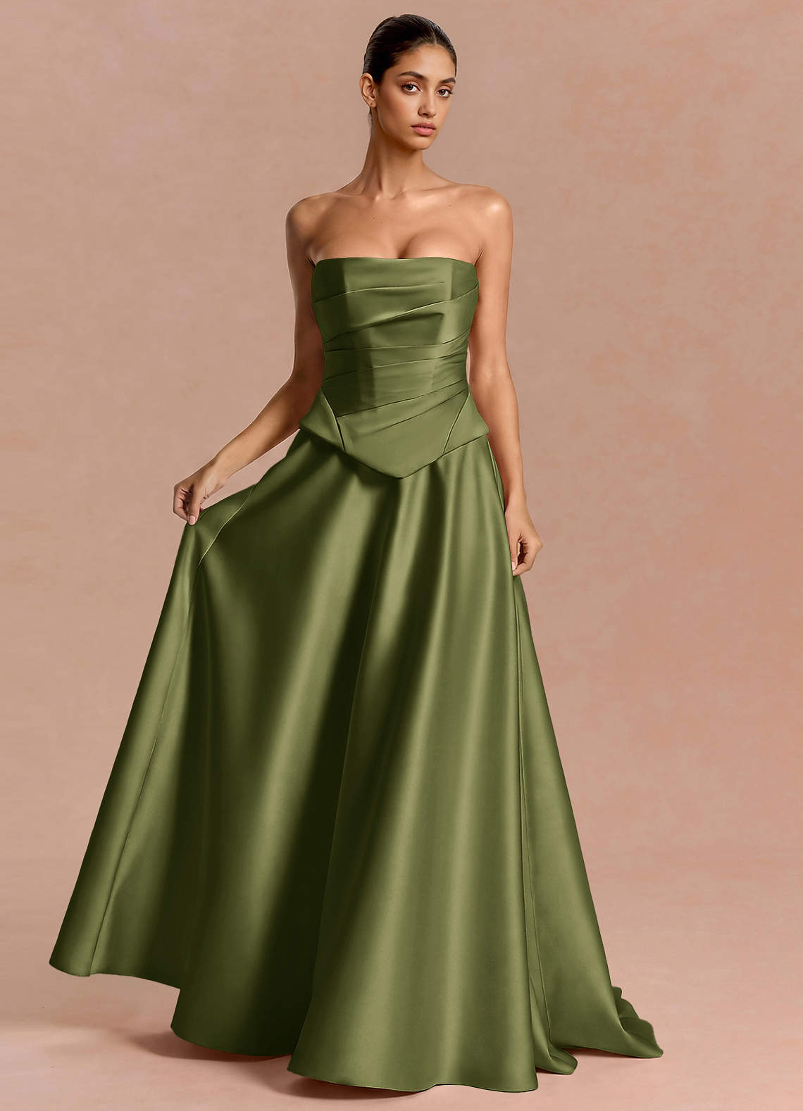 Eponine A-Line Pleated Stretch Satin Evening Dress in Olive