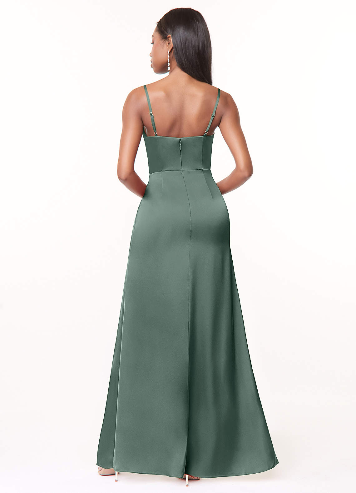 Maci A-Line V-Neck Stretch Satin Bridesmaid Dress in Sea Moss