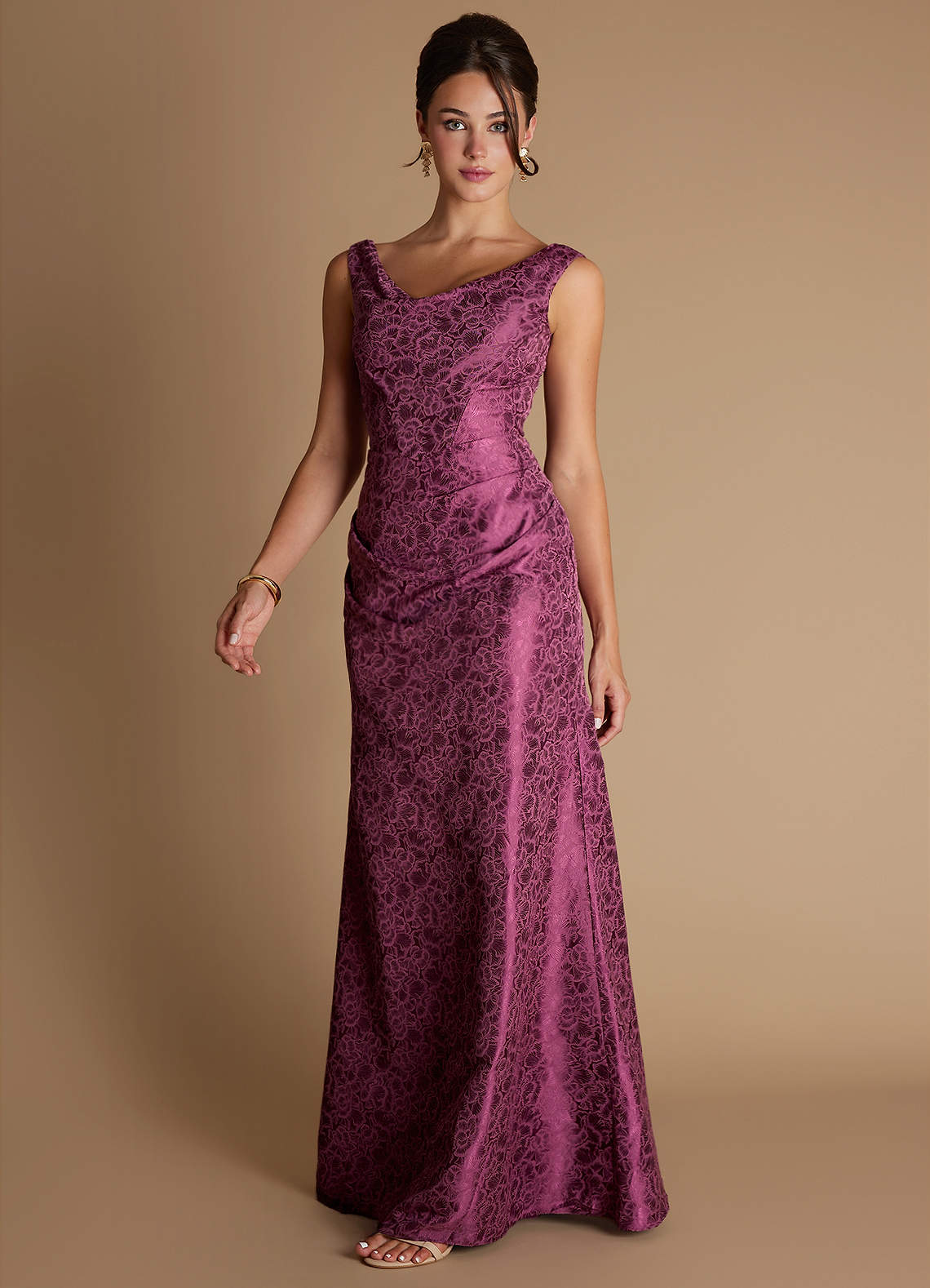 Kiana Mermaid Scoop-Neck Jacquard Wedding Guest Dress in Plum Purple