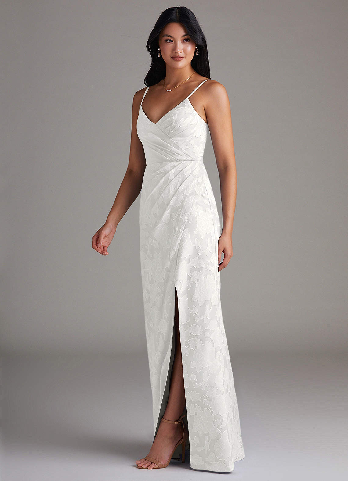 Maci Sheath V-Neck Floral Burnout Bridesmaid Dress in white