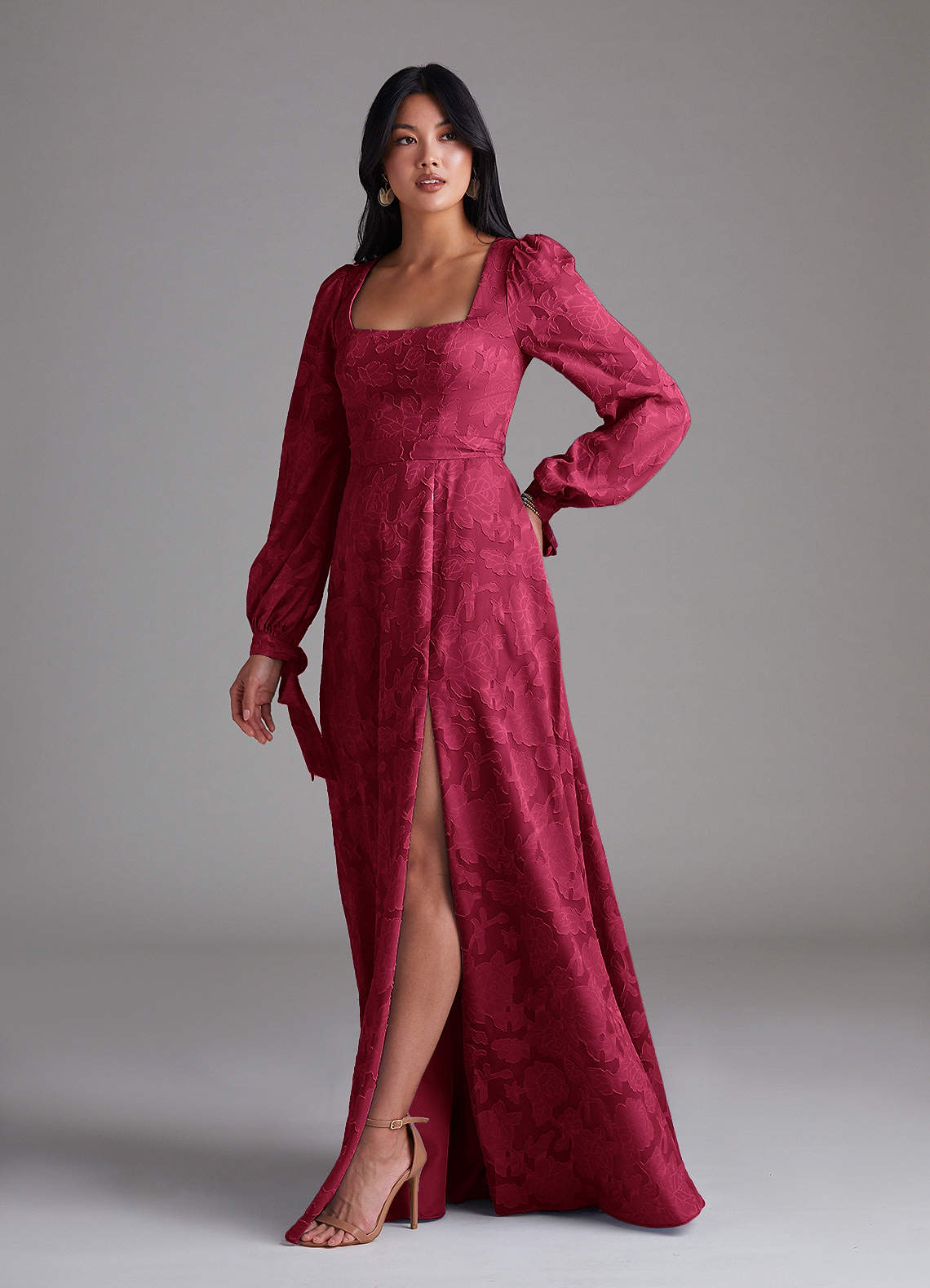 Leonia A-Line Square-Neck Stretch Satin Bridesmaid Dress in Burgundy